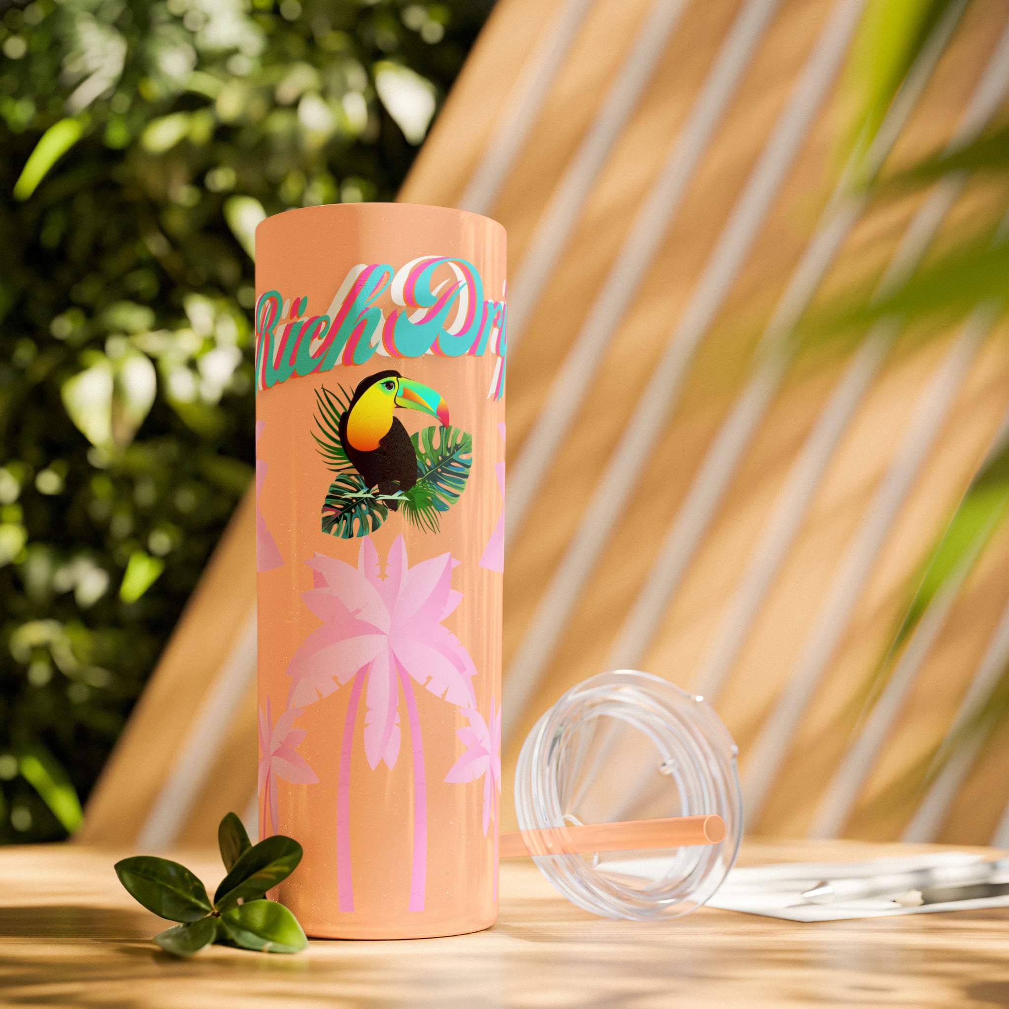 Rich Drip Tropical Pink Palm Tree - Skinny Tumbler with Straw, 20oz