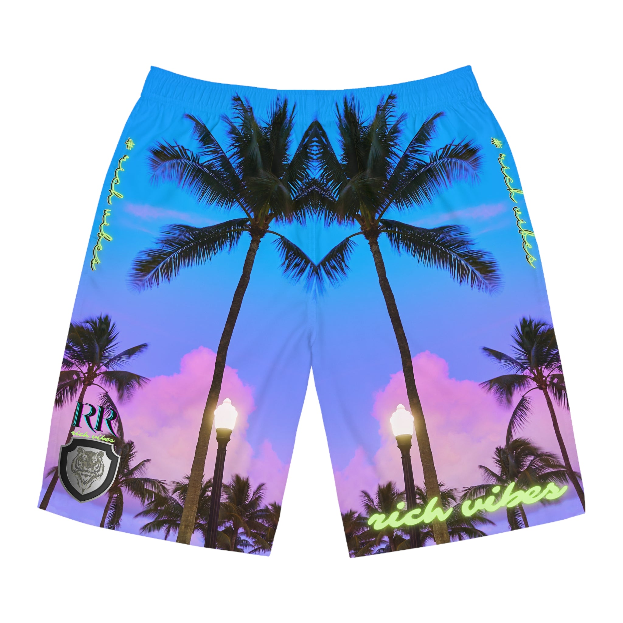Rich Vibes RR Purple Sunset Volt Tiger Shield 2.0 - Men's Board Shorts (AOP)
