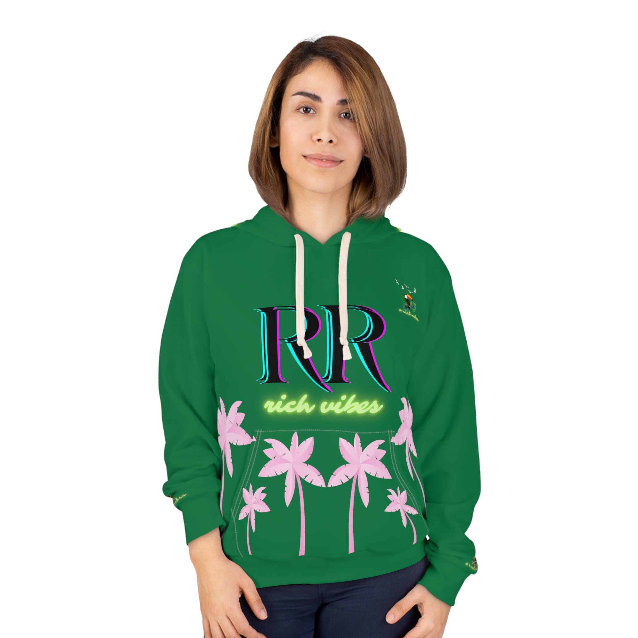 Rich Vibes Volt Green RR Watermelon Green Tropical Pink Palm Tree Jungle Tiger - Unisex Pullover Hoodie (AOP)