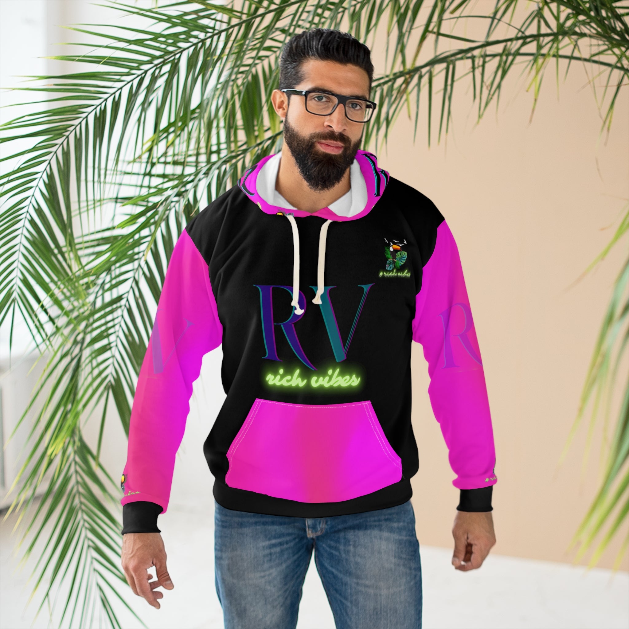 Rich Vibes Black Tropical Pink Volt RR Tropical Jungle Tiger 1.3 - Unisex Pullover Hoodie (AOP)