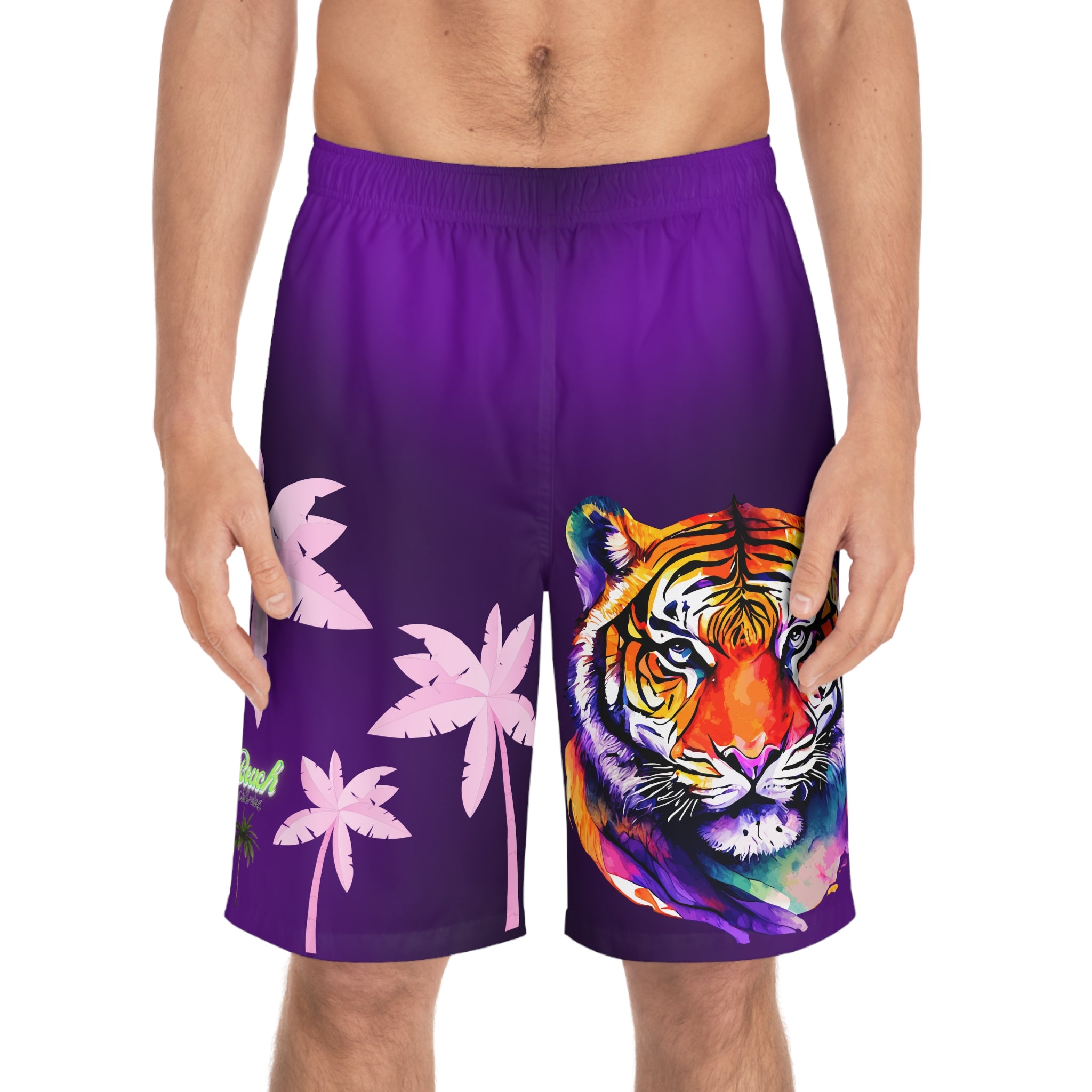 Rich Vibes Volt Purple Tropical Pink Palm Tree Beach Chill Vibes 2.5 - Men's Board Shorts (AOP)