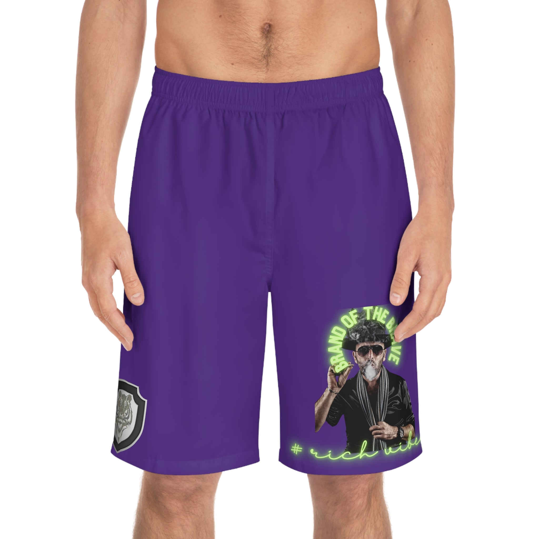 Rich Vibes Brand Of The Brave Volt MG Tiger Shield Purple - Men's Board Shorts (AOP)