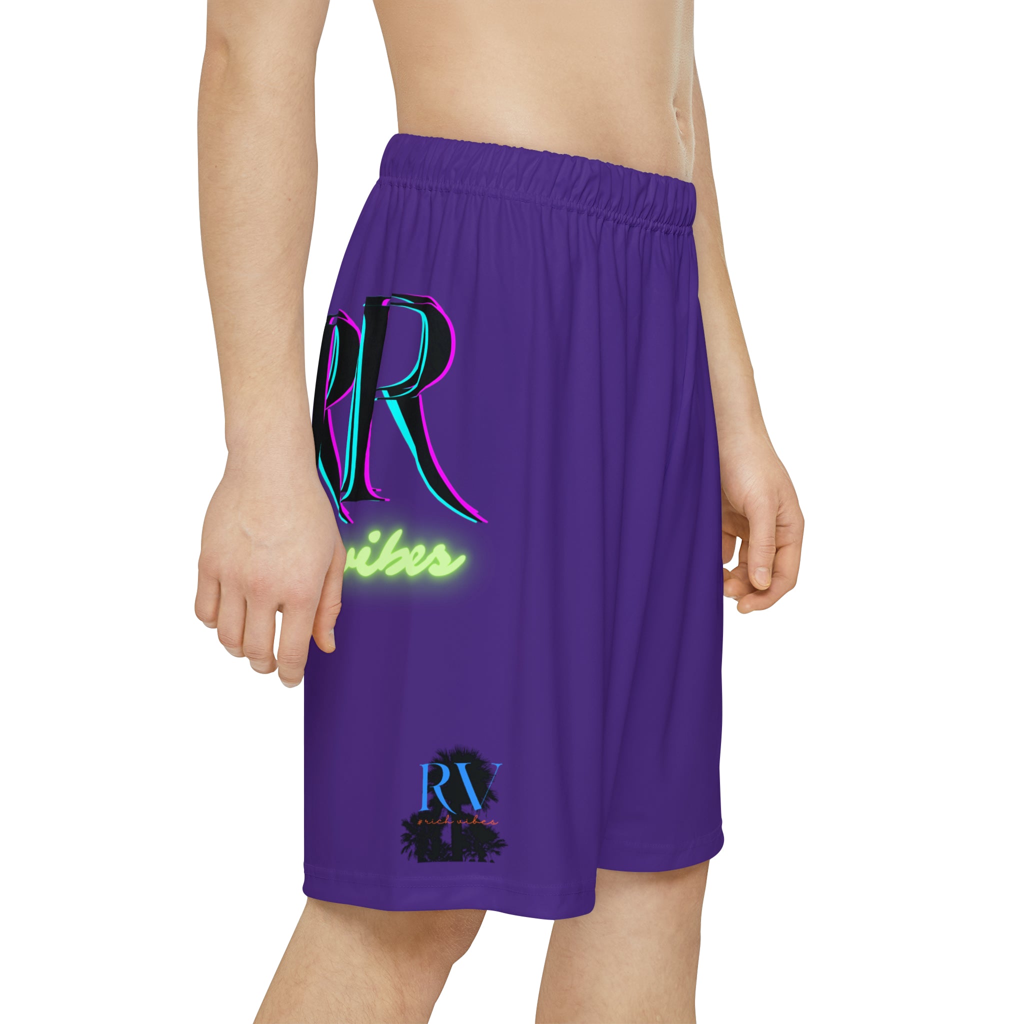 Rich Vibes RR RV Palm Tree Silhouette - Men’s Sports Shorts (AOP) Purple