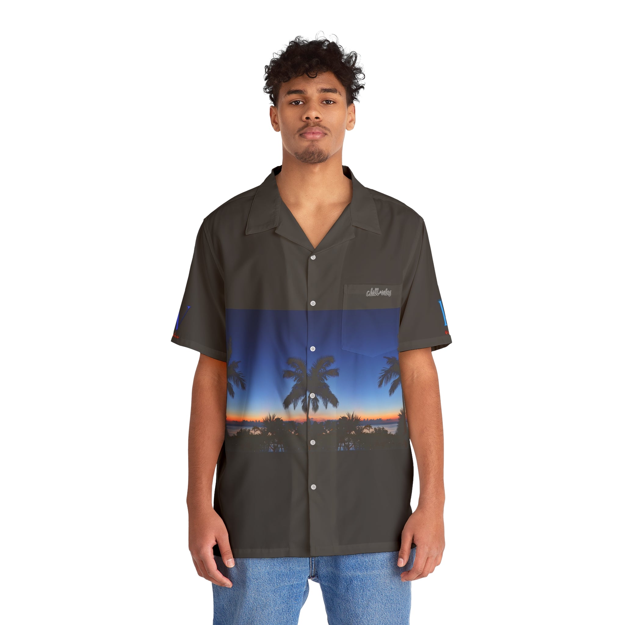 Rich Vibes Red RV Okinawa Royal Blue Sunset - Men's Hawaiian Shirt (AOP)Black