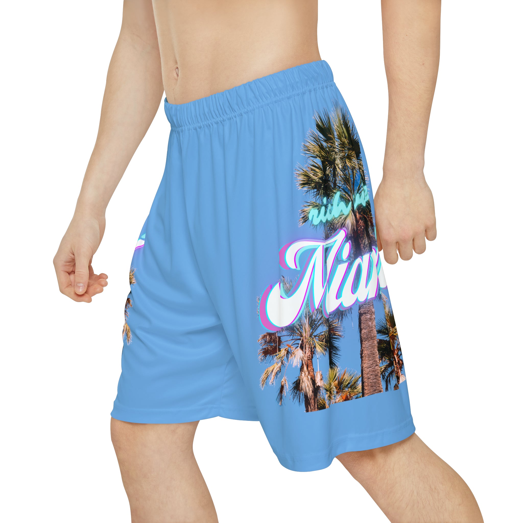 RV Rich Drip Miami Palm Tree Silhouette - Men’s Sports Shorts (AOP) Light Blue