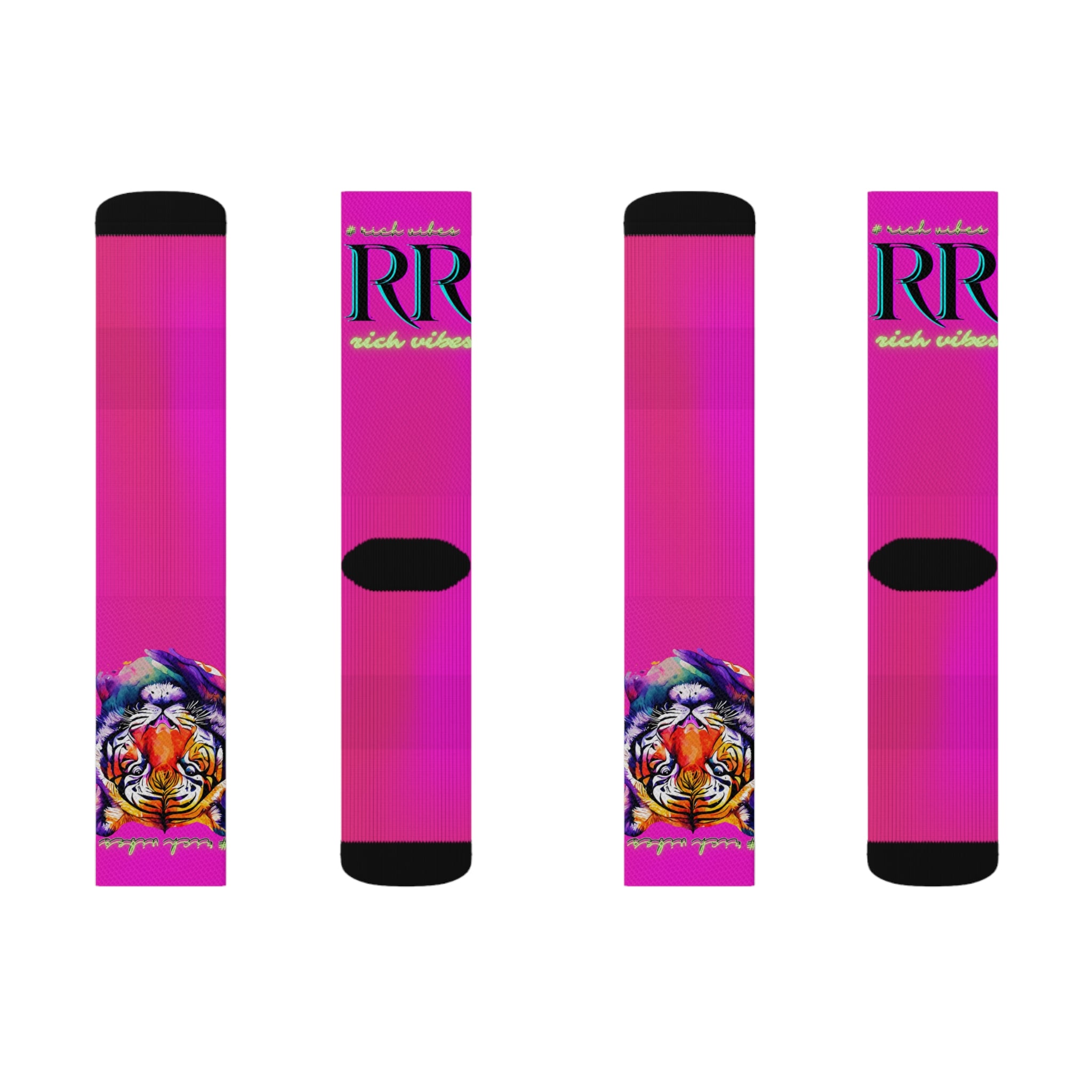 Rich Vibes RR Hot Pink Tropical Jungle Tiger - Sublimation Socks Black
