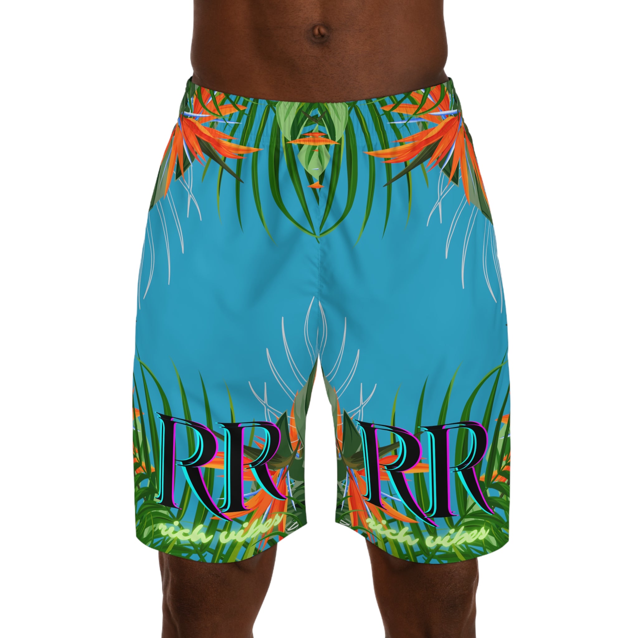 Rich Vibes Volt Turquoise Tropical Jungle Print - Men's Jogger Shorts (AOP)Black