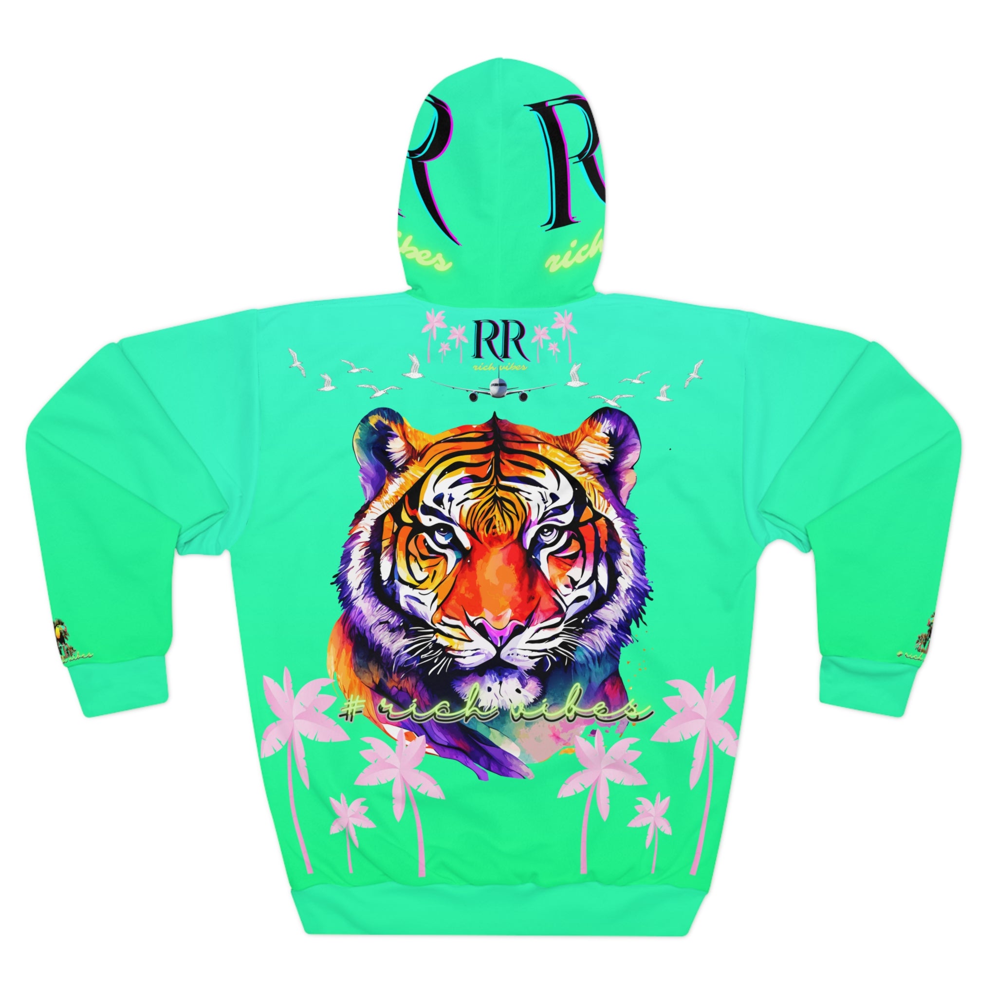 Rich Vibes Volt Green RR Electric Green Tropical Pink Palm Tree Jungle Tiger - Unisex Pullover Hoodie (AOP)