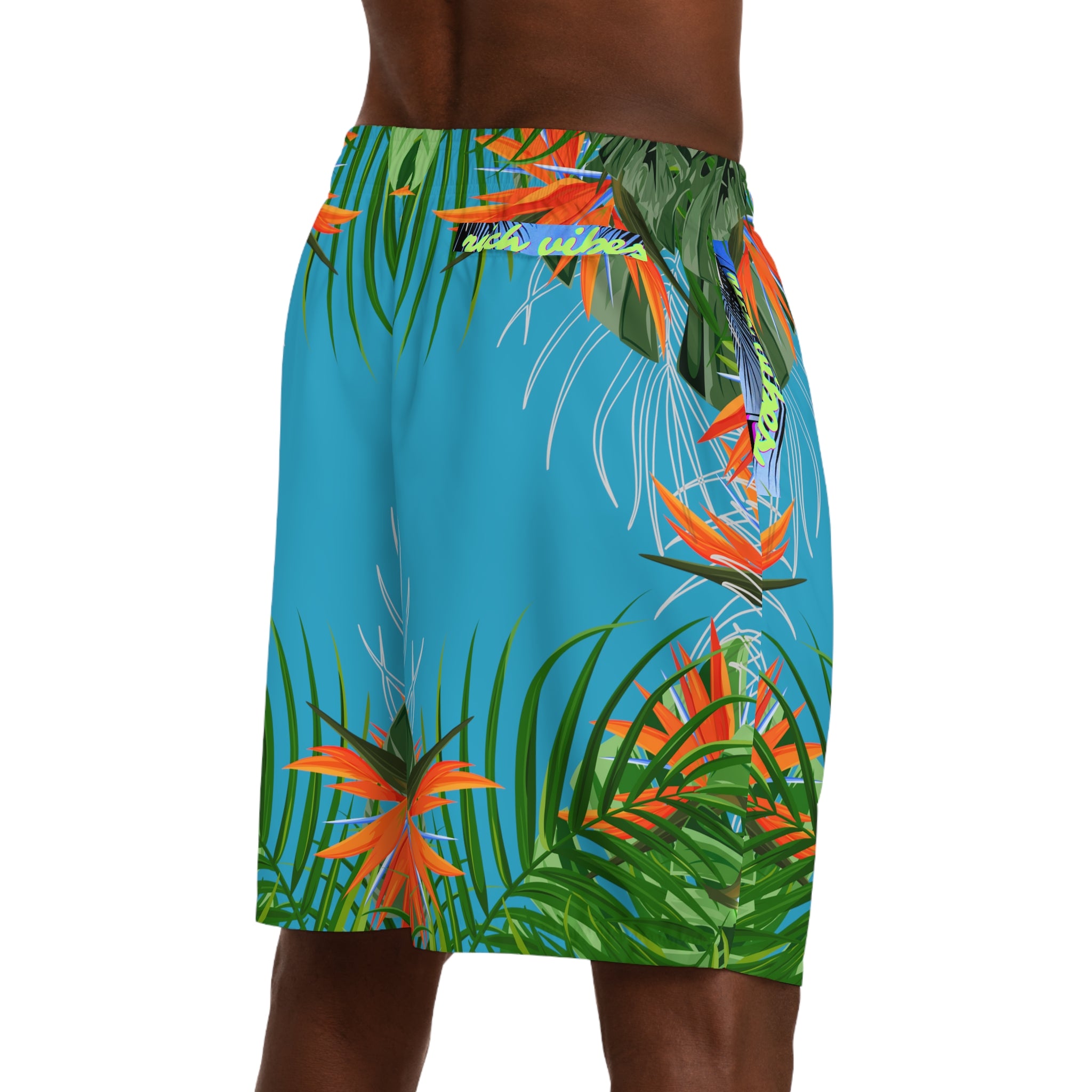 Rich Vibes Volt Turquoise Tropical Jungle Print - Men's Jogger Shorts (AOP)Black