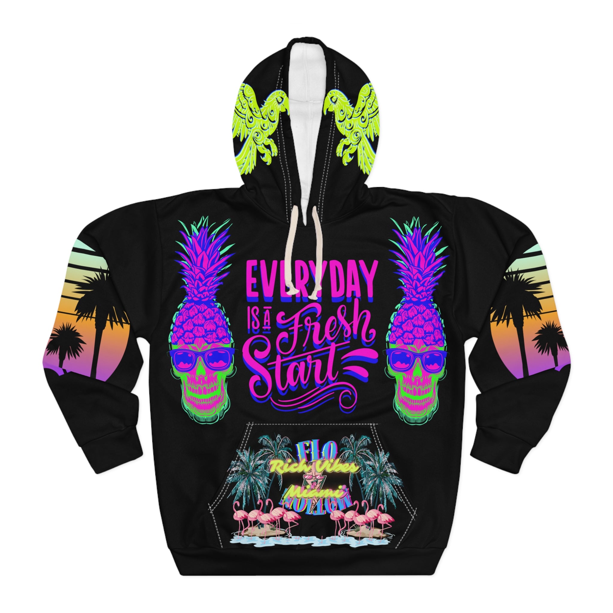 Rich Vibes Purple Pineapple MIAMI FLOW Motion - Unisex Pullover Hoodie (AOP) Black
