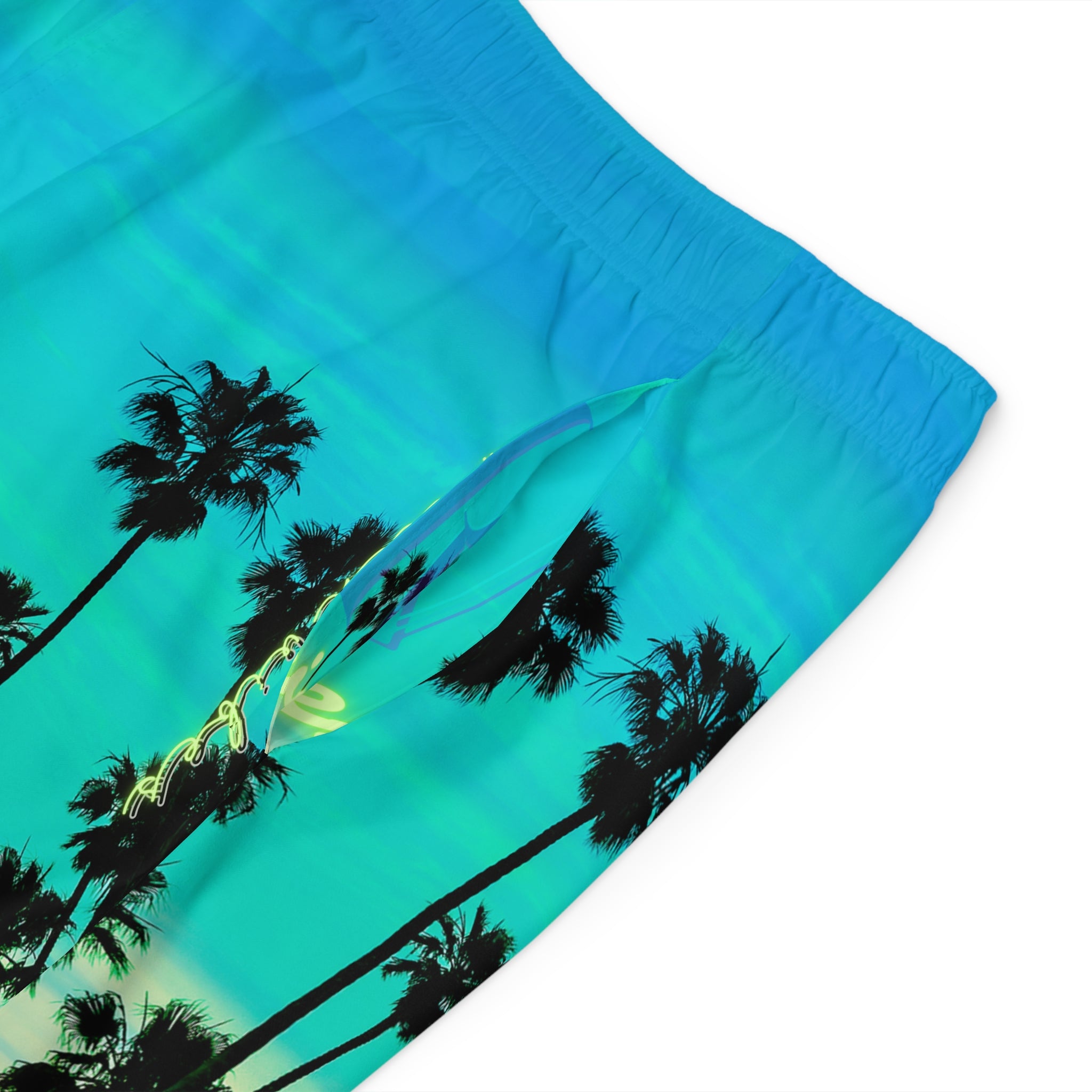 Rich Vibes Volt Turquoise Sunset Tiger Shield 1.0 - Men's Board Shorts (AOP)