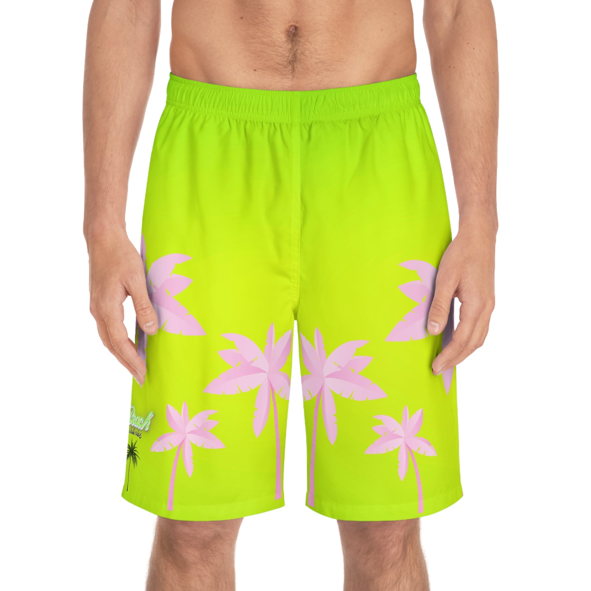 Rich Vibes Lime Green Tropical Pink Palm Tree Beach Chill Vibes 1.5 - Men's Board Shorts (AOP)