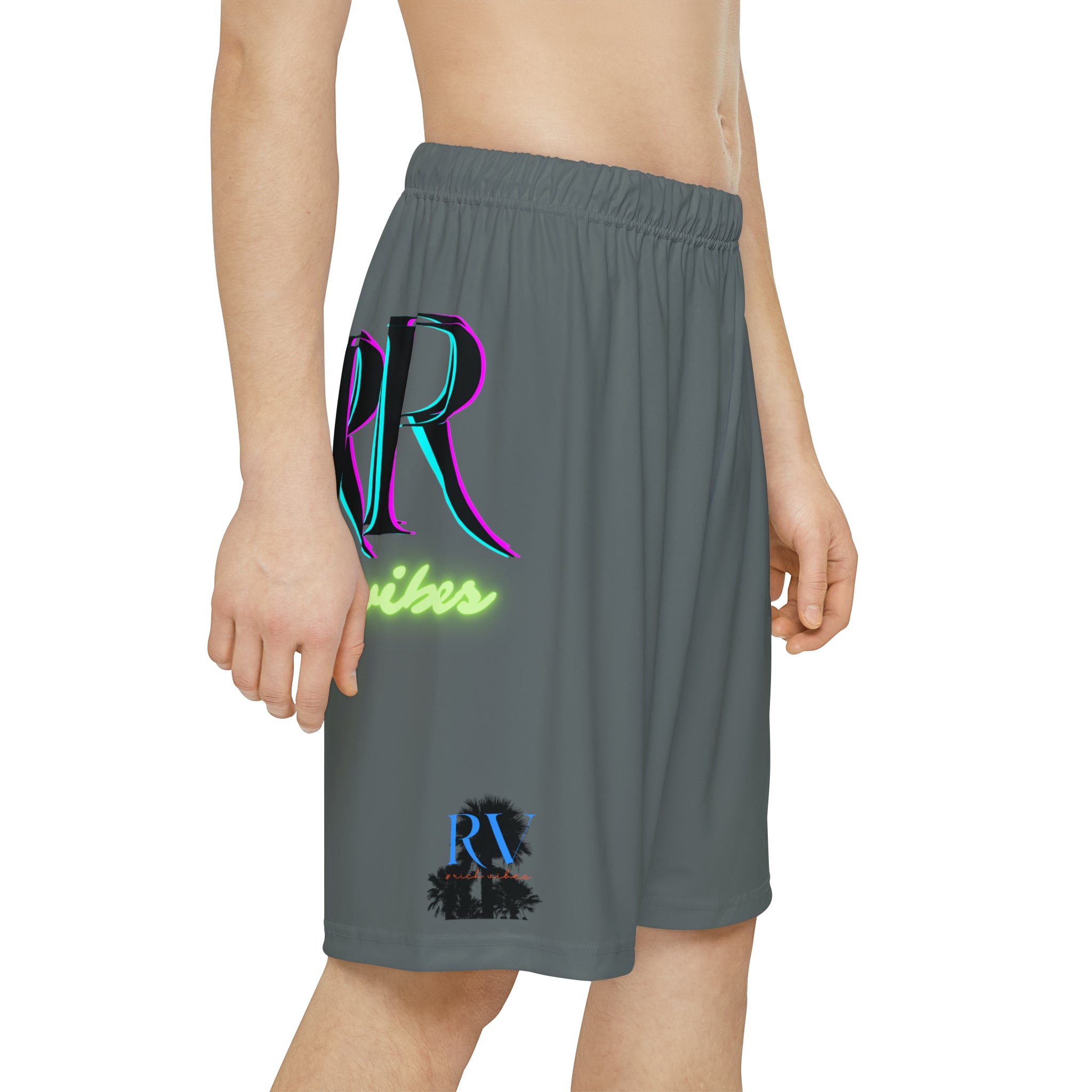 Rich Vibes RR RV Palm Tree Silhouette - Men’s Sports Shorts (AOP) Dark Grey