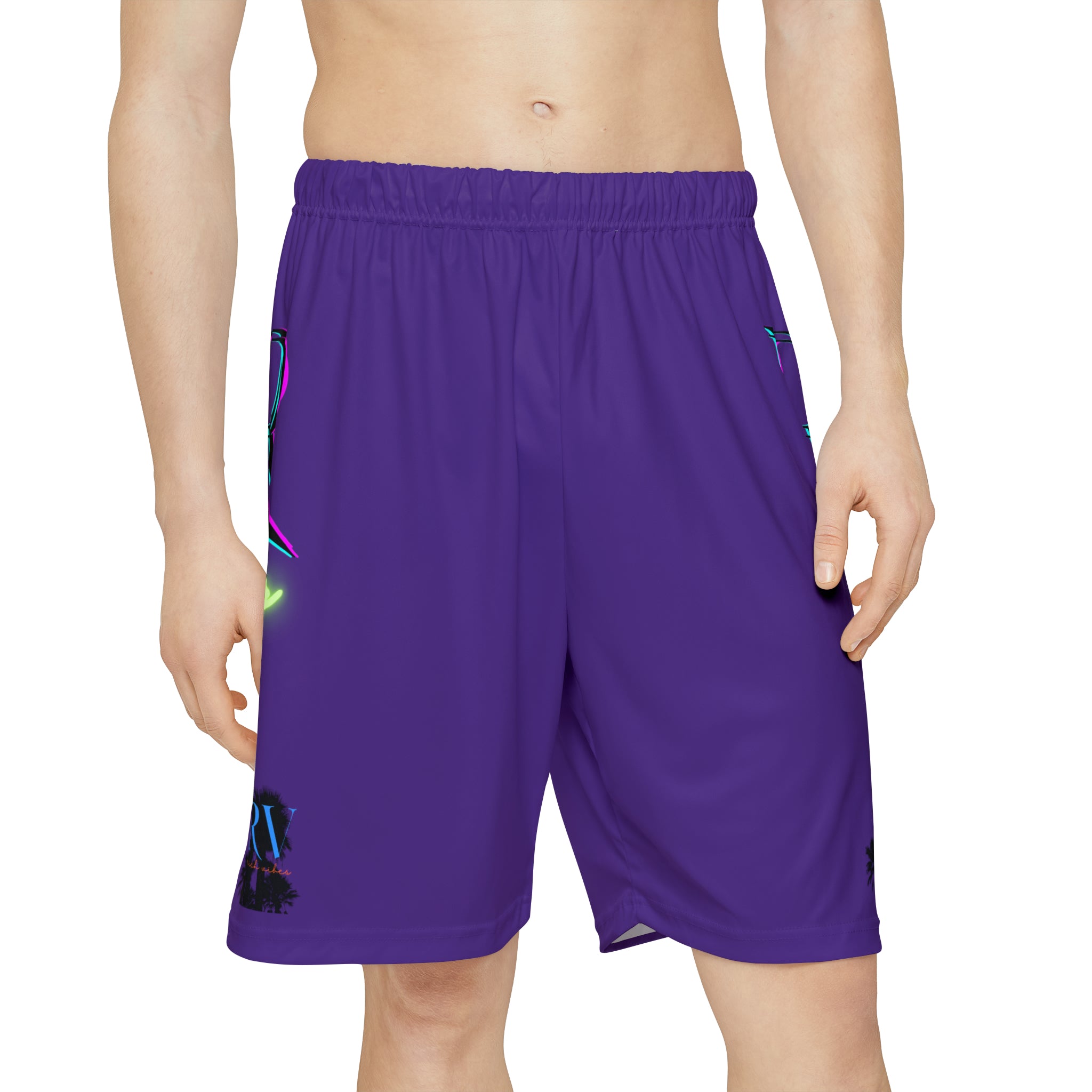 Rich Vibes RR RV Palm Tree Silhouette - Men’s Sports Shorts (AOP) Purple