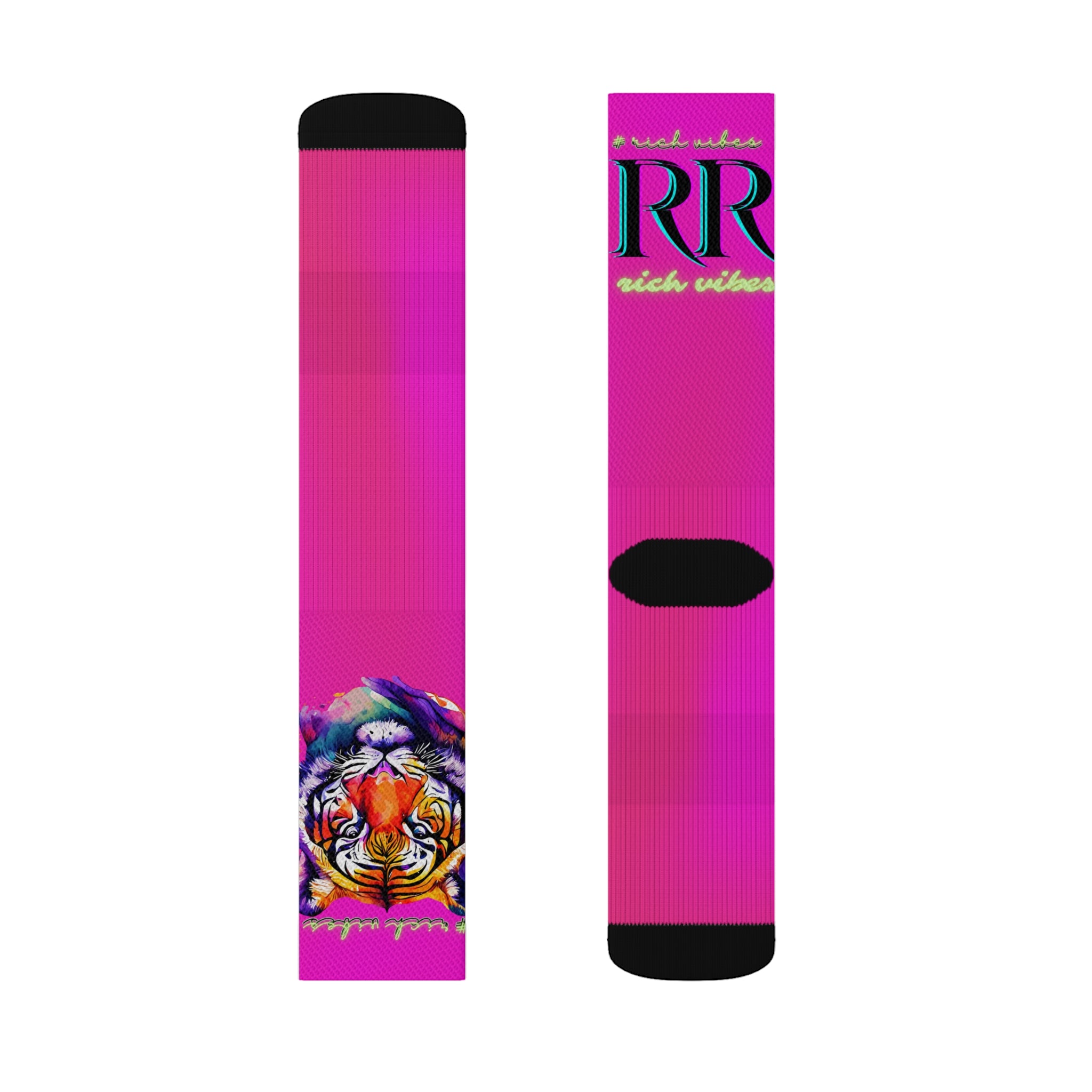 Rich Vibes RR Hot Pink Tropical Jungle Tiger - Sublimation Socks Black