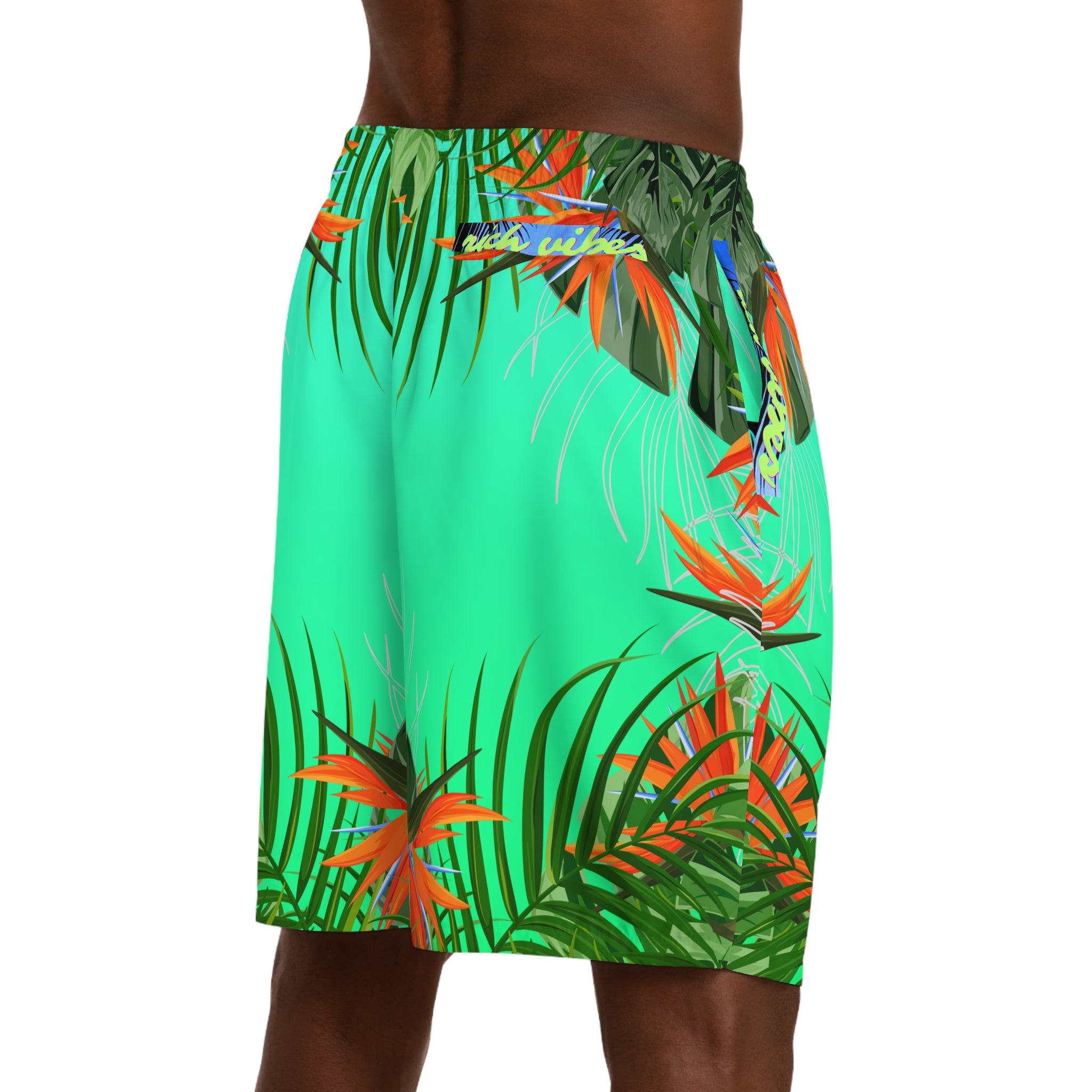 Rich Vibes Volt Green Tropical Jungle Print - Men's Jogger Shorts (AOP)Black