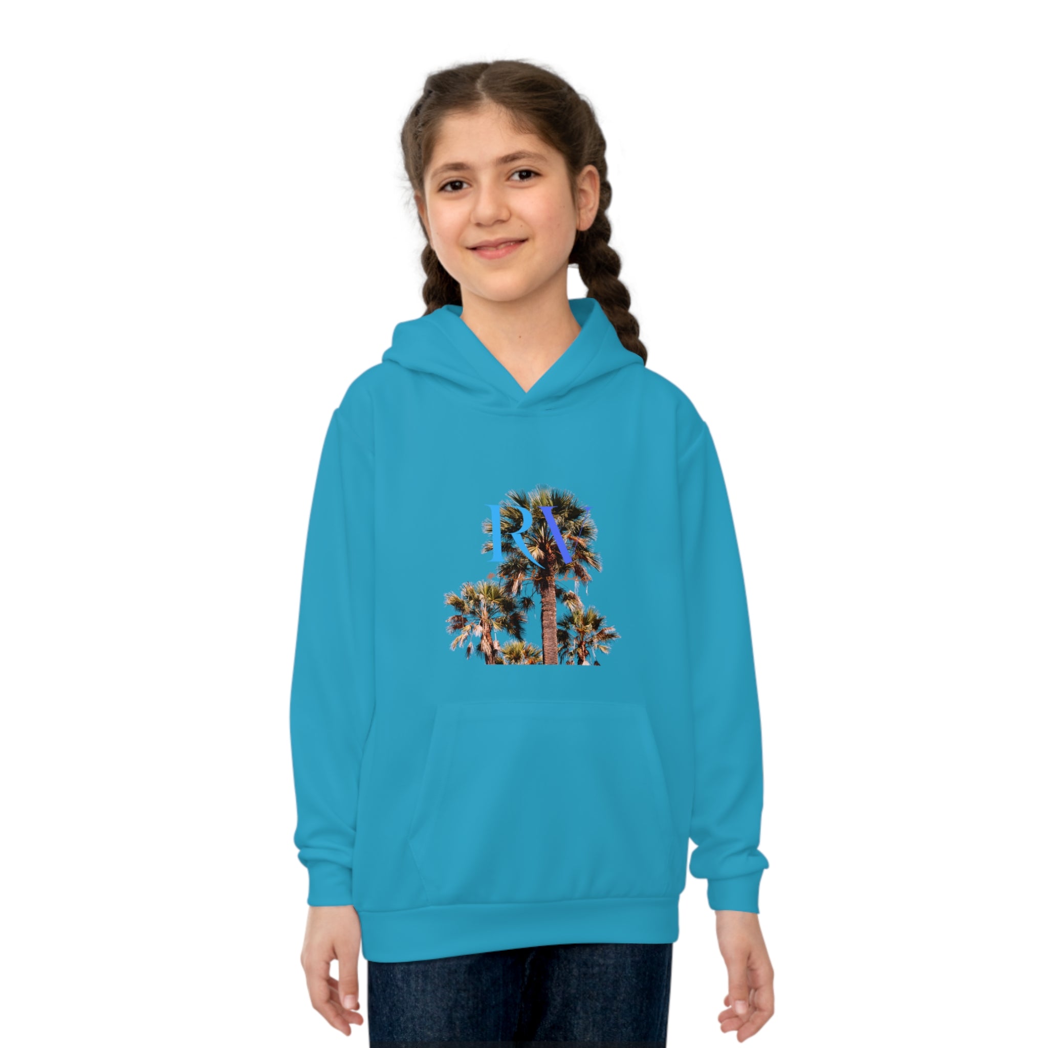 Rich Vibes Follow Your Dreams RV Color Palm Tree Turquoise -  Children's Hoodie (AOP)
