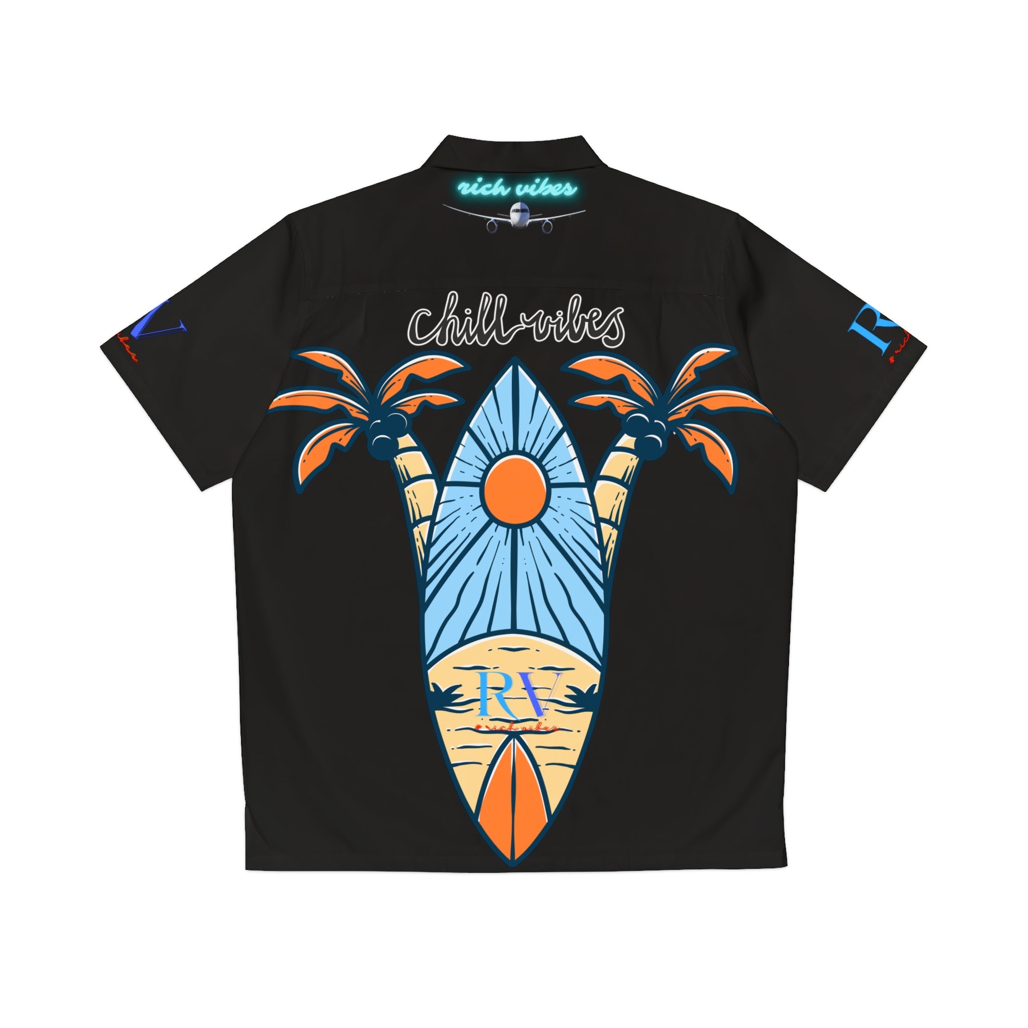 Rich Vibes RV Golfer's  Colorful Palm Tree Chill Vibes - Men's Hawaiian Shirt (AOP)Black