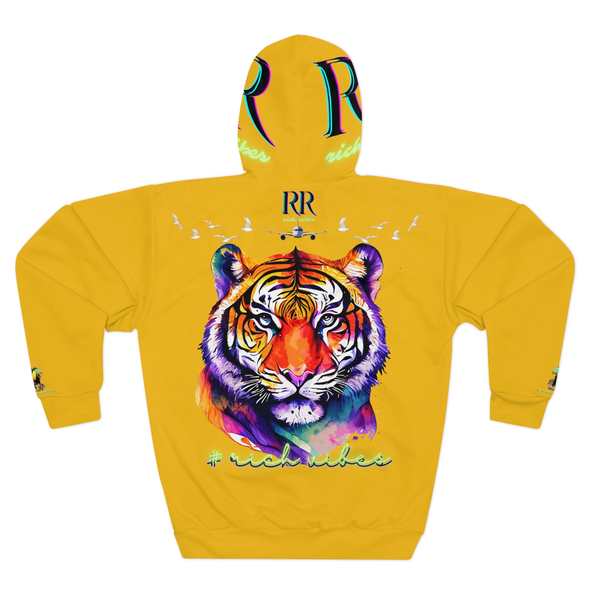 Rich Vibes Volt Green RR Yellow Gold Tropical Jungle Tiger - Unisex Pullover Hoodie (AOP)
