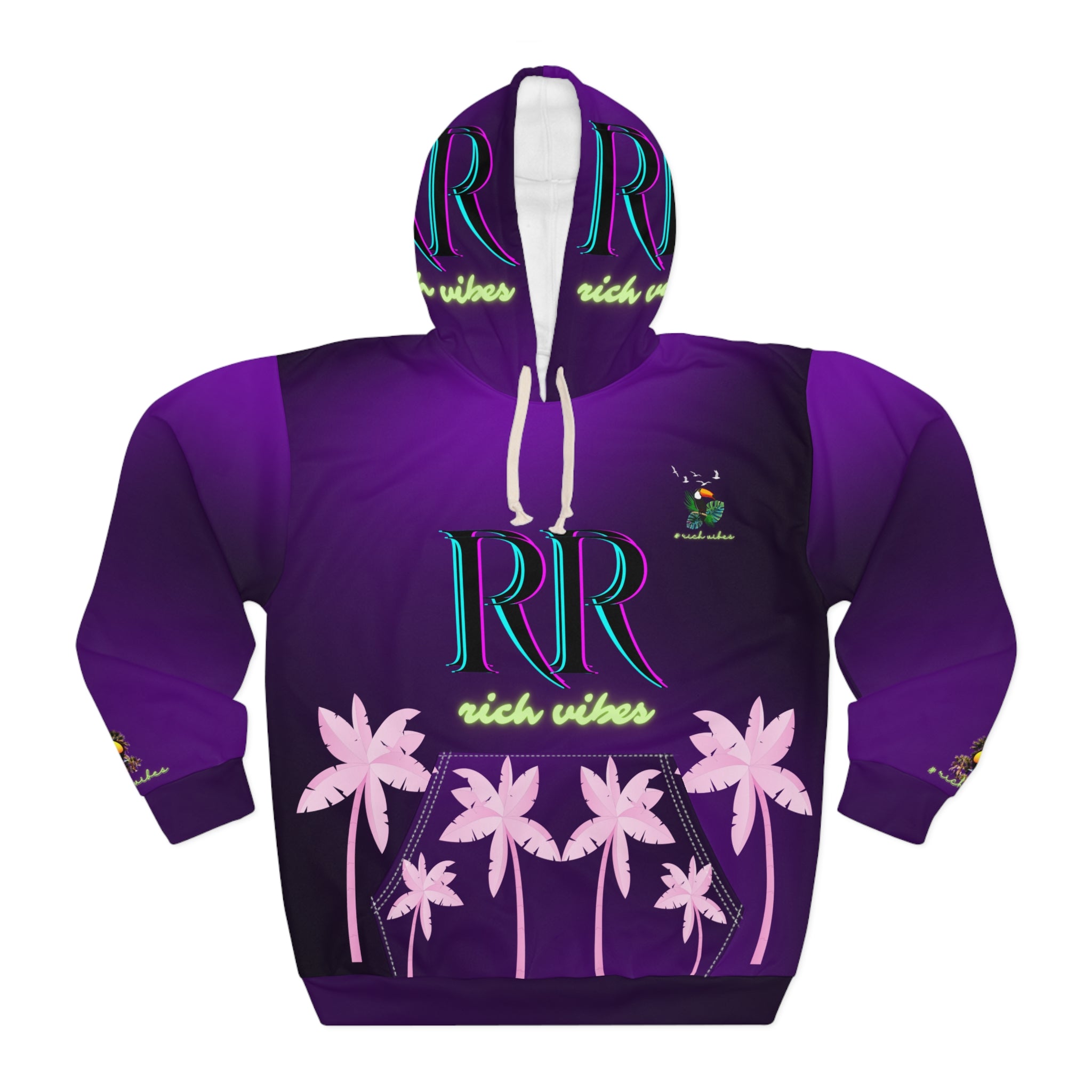 Rich Vibes Volt Green RR Royal Purple Tropical Pink Palm Tree Jungle Tiger - Unisex Pullover Hoodie (AOP)