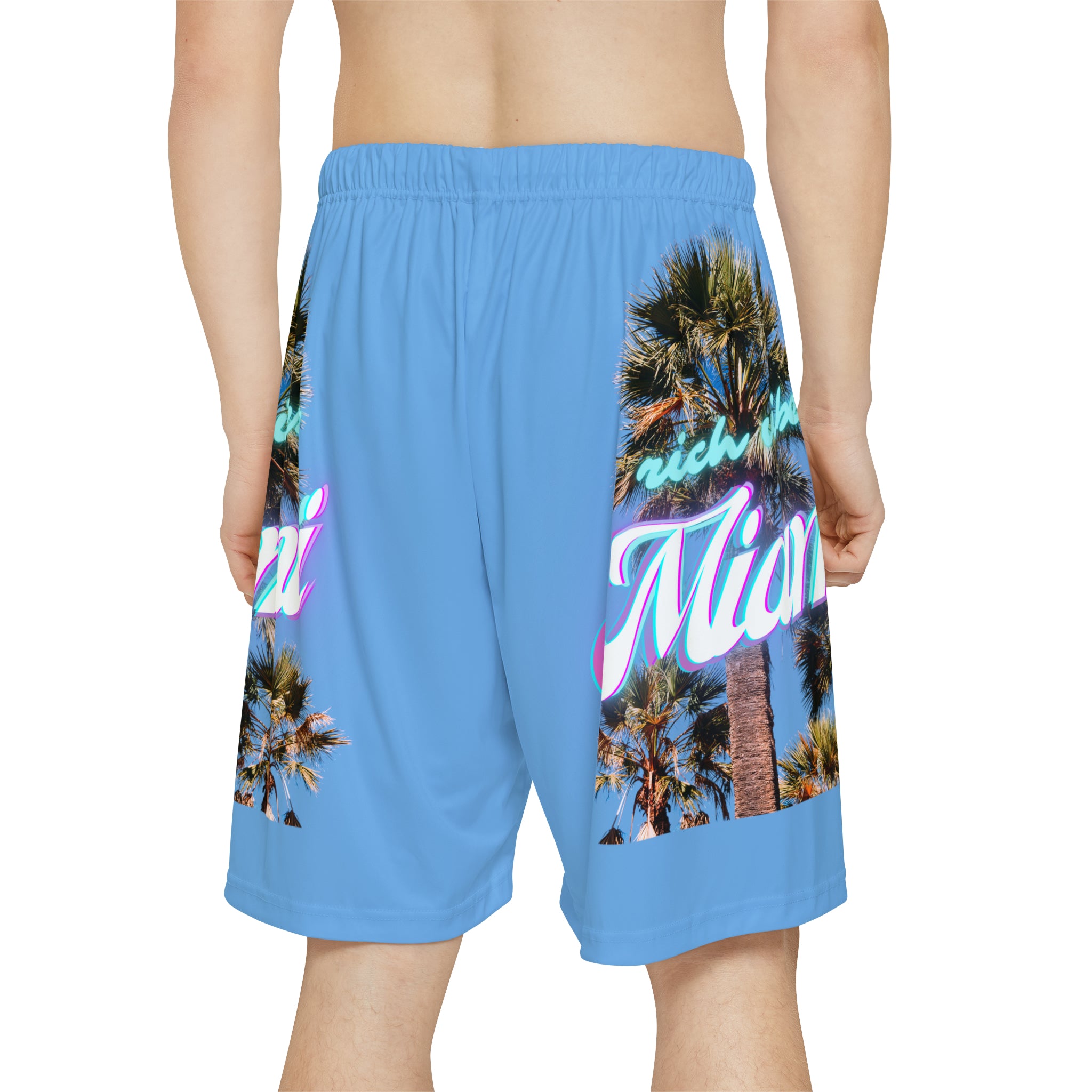 RV Rich Drip Miami Palm Tree Silhouette - Men’s Sports Shorts (AOP) Light Blue
