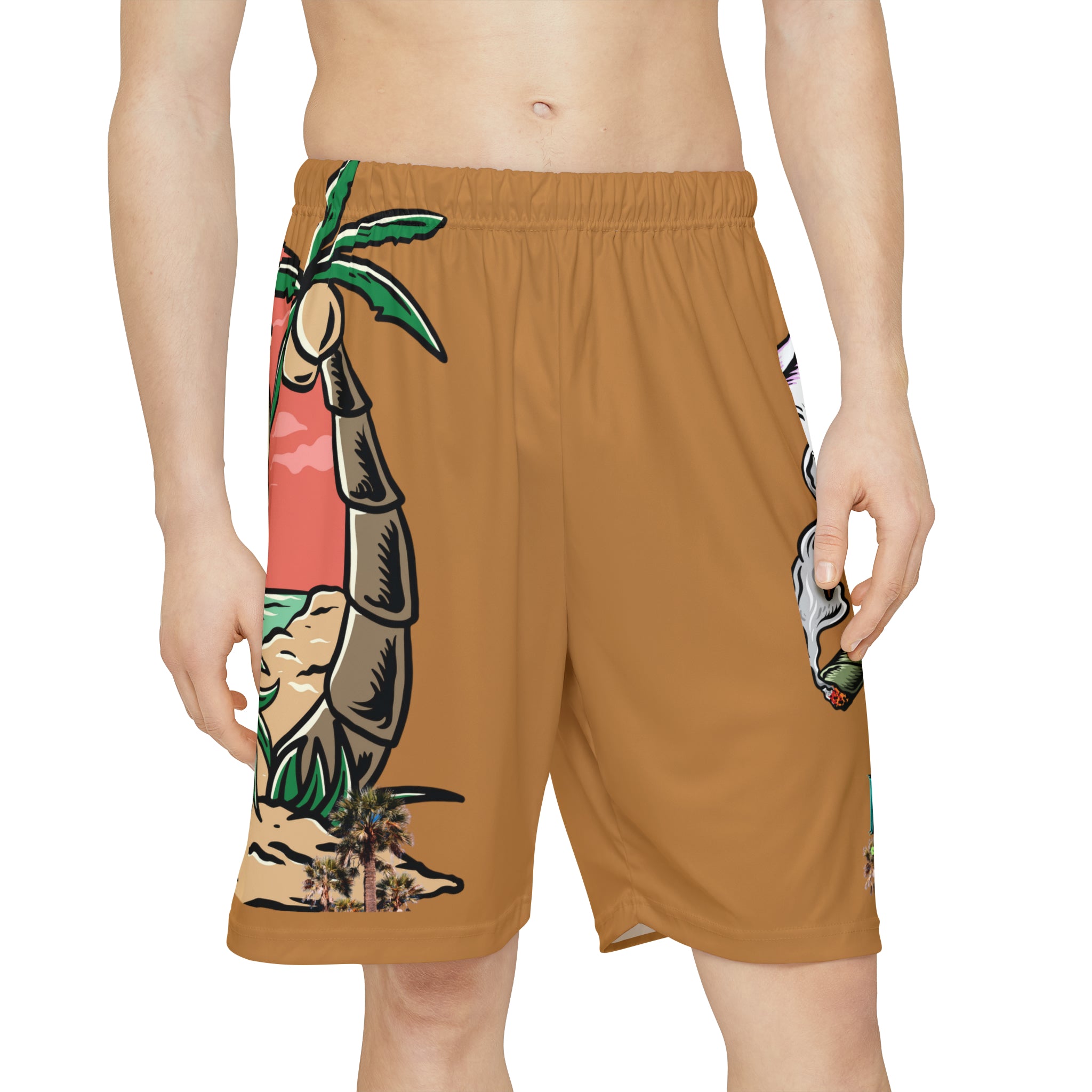 Rich Drip Beach Army Skull - RV Palm Tree Silhouette Men’s Sports Shorts (AOP) Caramel