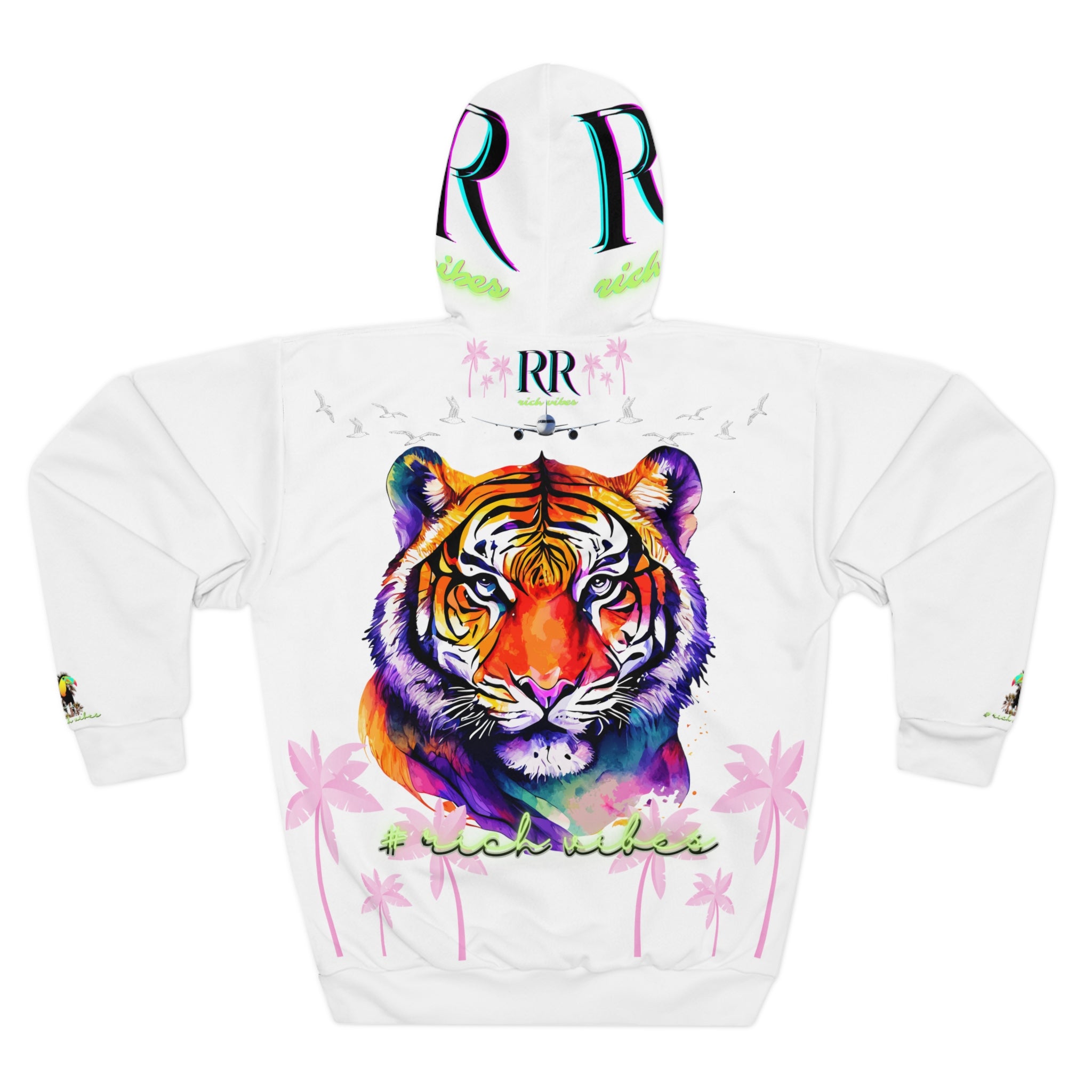 Rich Vibes Volt Green RR White Tropical Pink Palm Tree Jungle Tiger - Unisex Pullover Hoodie (AOP)