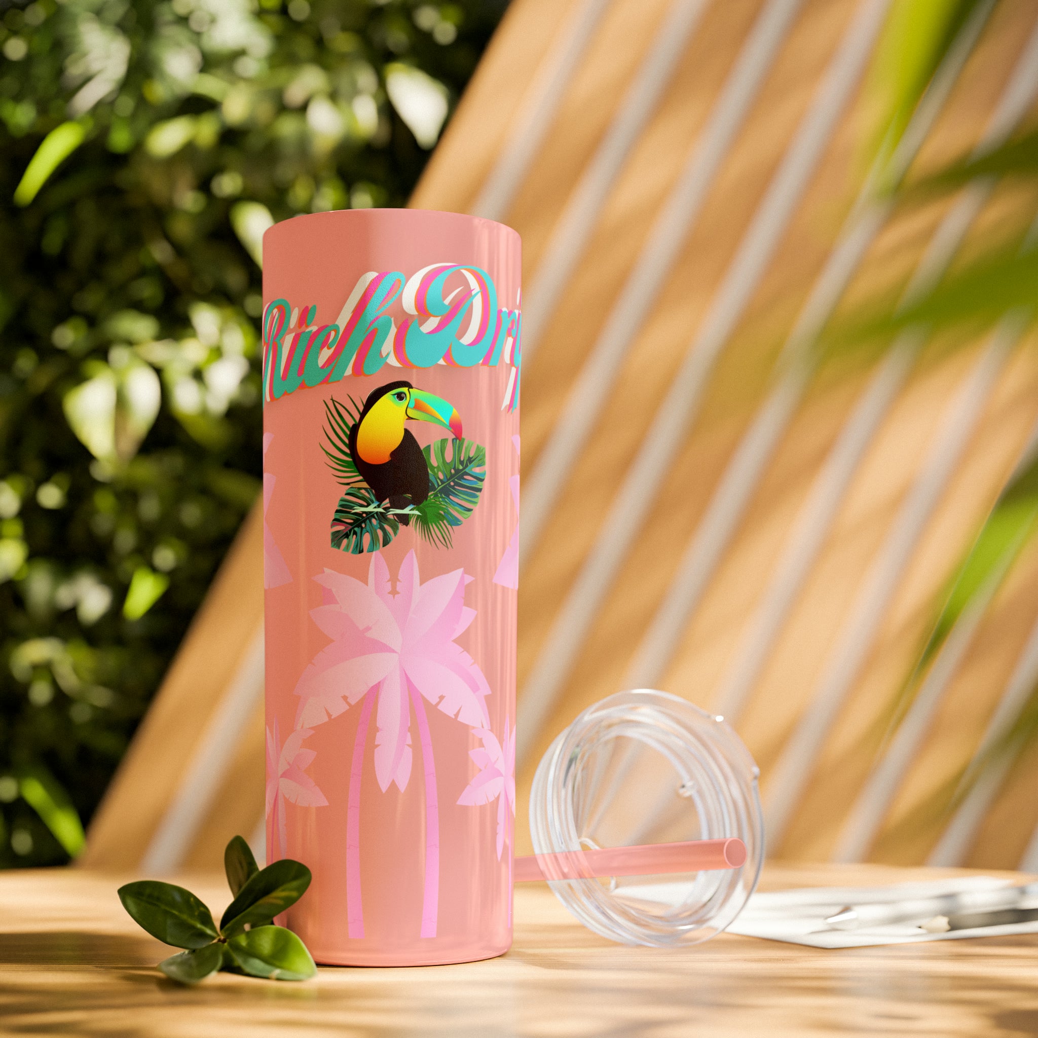 Rich Drip Tropical Pink Palm Tree - Skinny Tumbler with Straw, 20oz