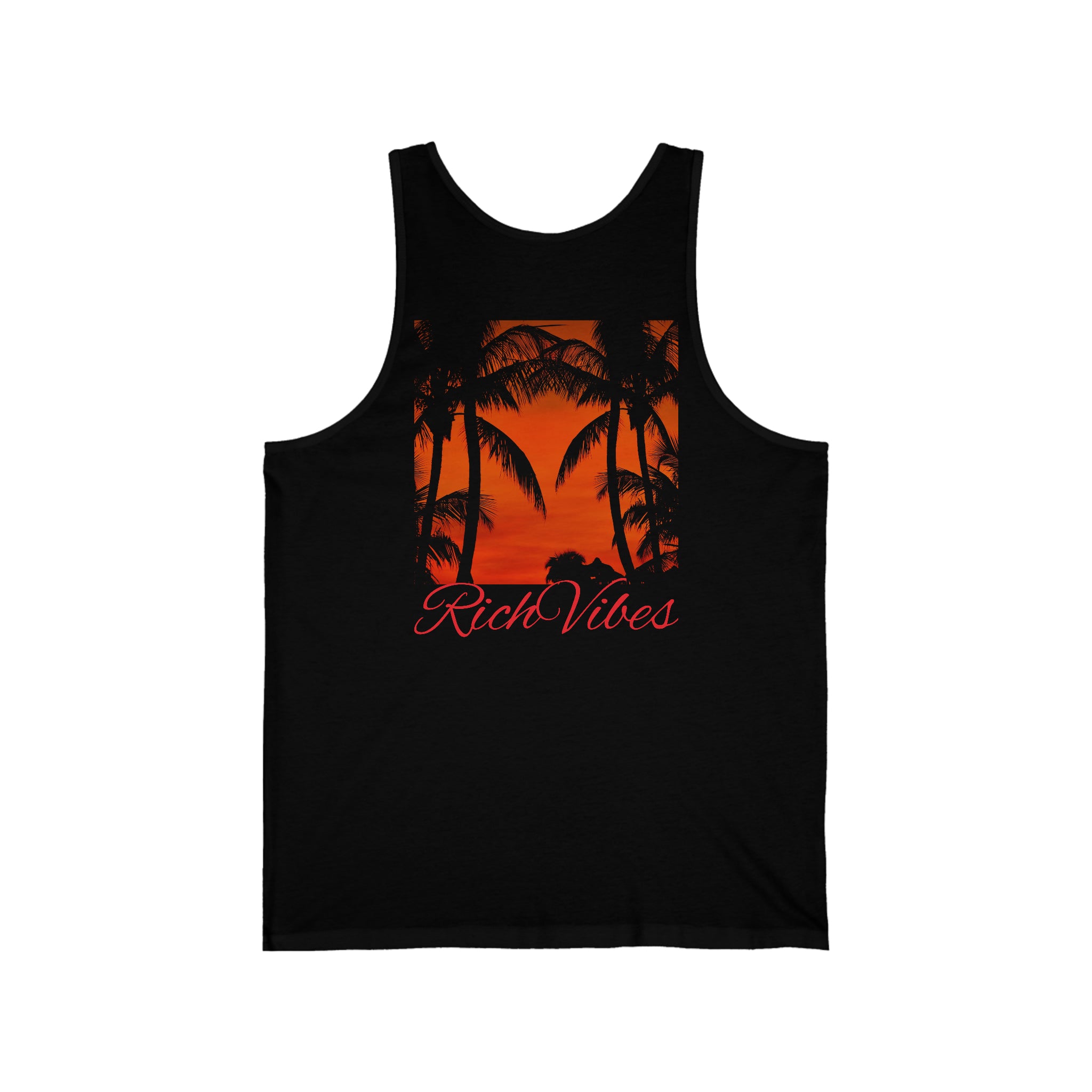 Rich Vibes Red Sunset Palm Trees Silhouette - Unisex Jersey Tank