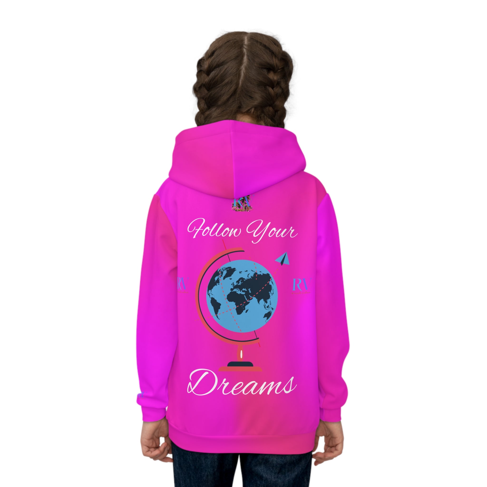 Rich Vibes Follow Your Dreams Tropical Pink RV Color Palm Tree Black 3 -  Children's Hoodie (AOP)