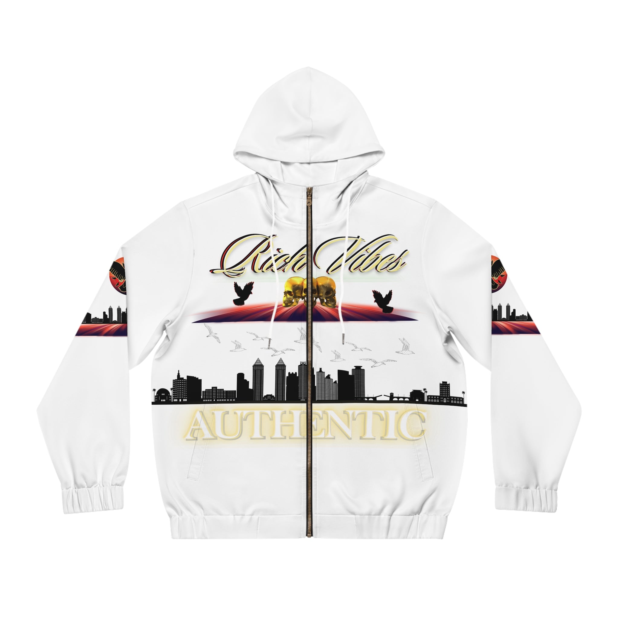Rich Vibes Authentic Triple Golden Skull City Skyline 1.5 - Men's Full-Zip Hoodie (AOP) White
