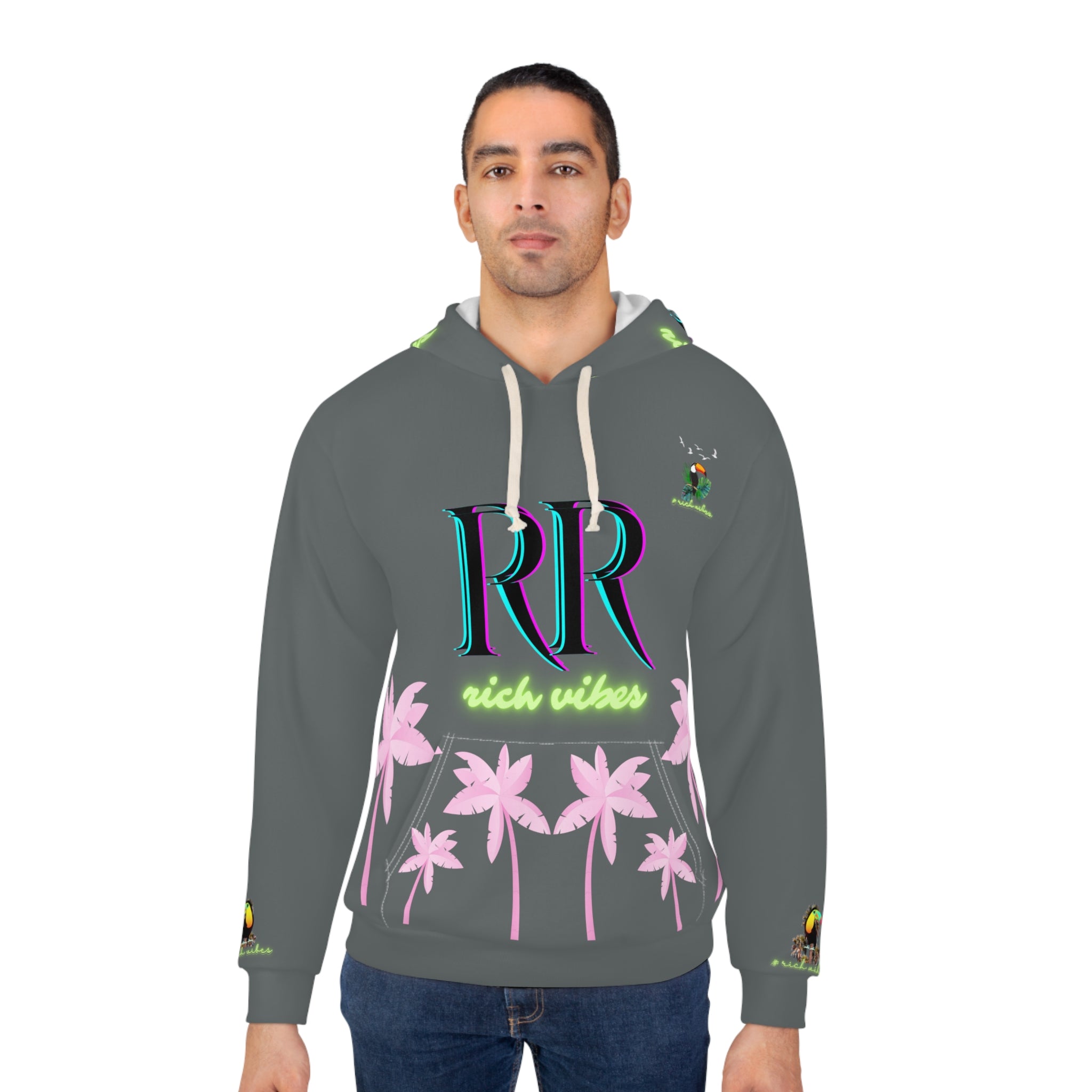 Rich Vibes Volt Green RR Grey Tropical Pink Palm Tree Jungle Tiger - Unisex Pullover Hoodie (AOP)