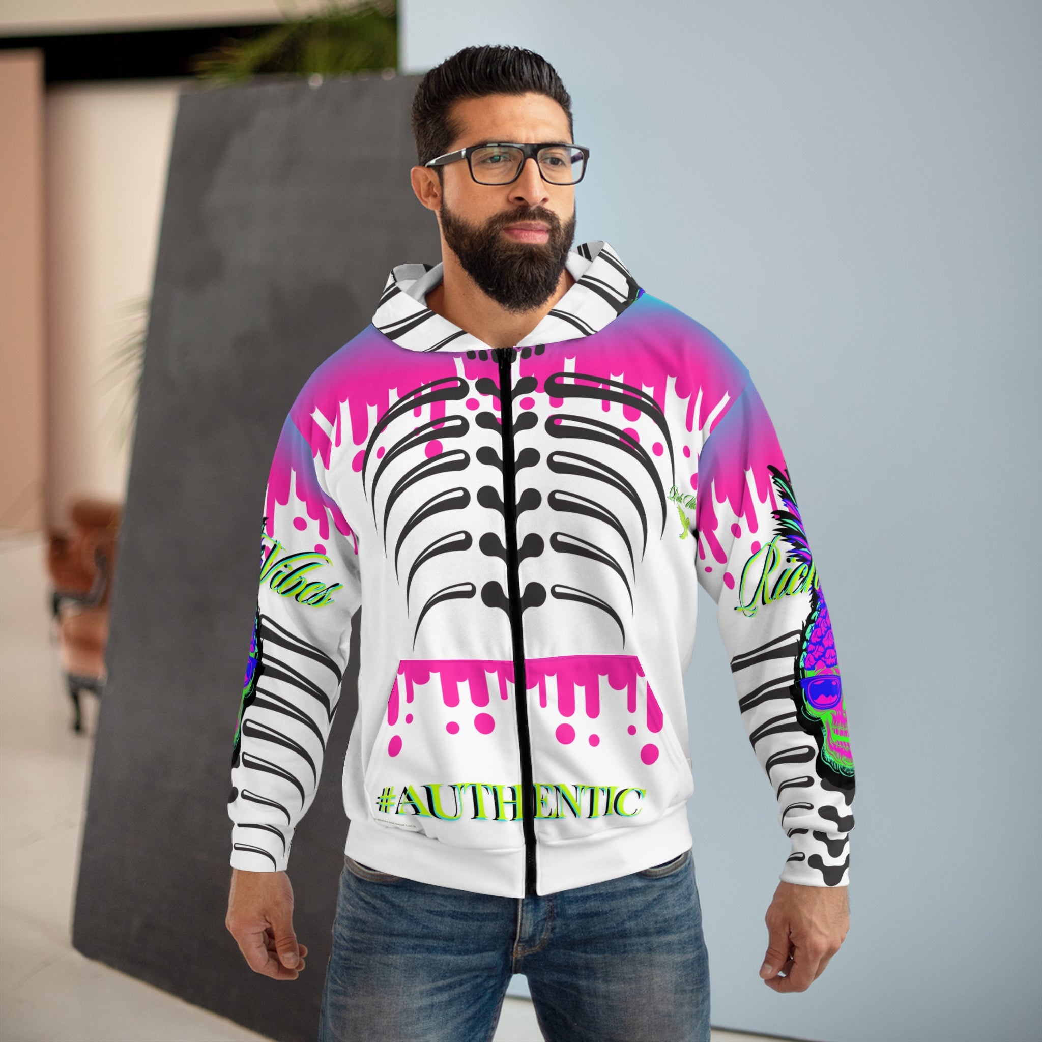 Rich Vibes Authentic Purple Skull Black Skeleton - Unisex Zip Hoodie (AOP) White