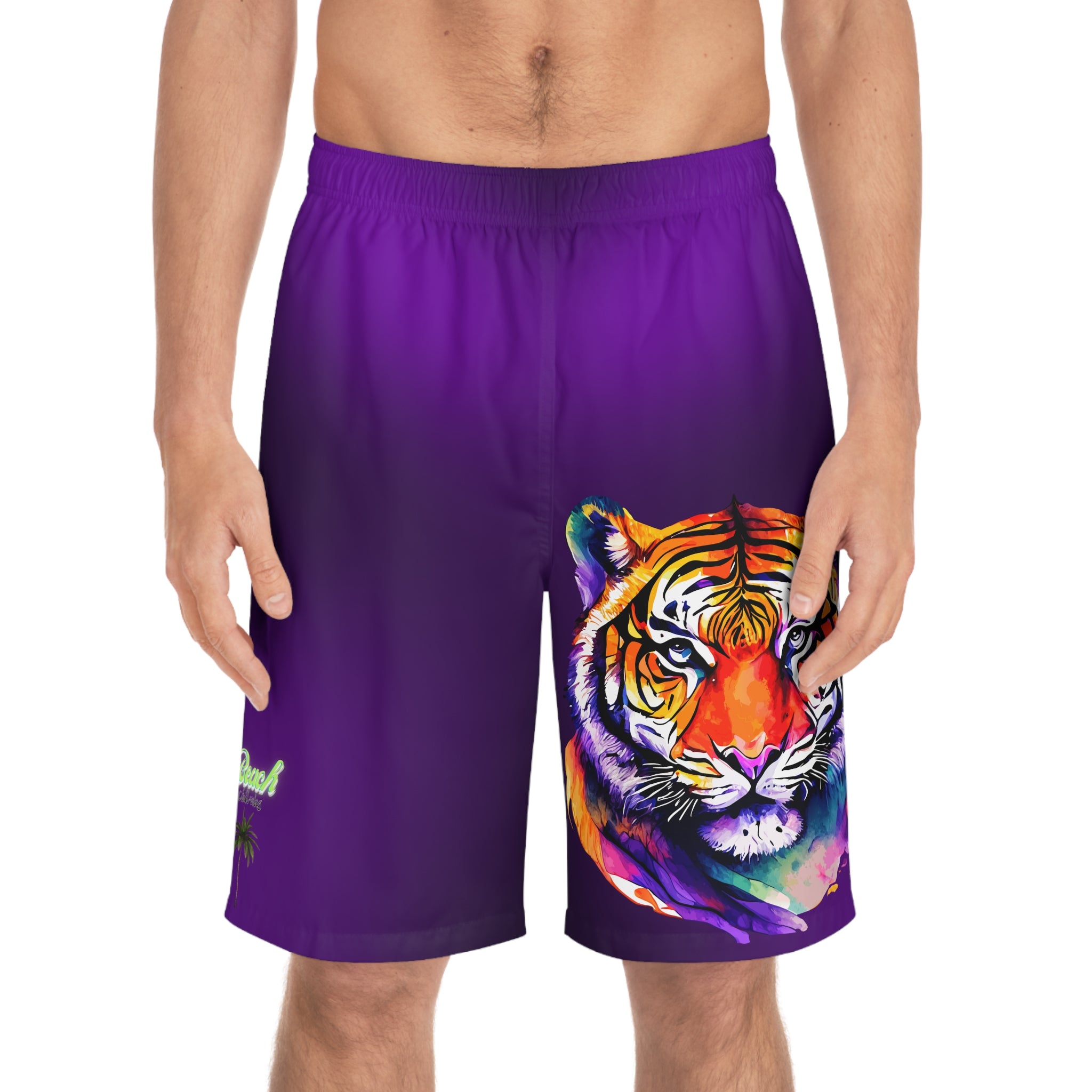 Rich Vibes Volt Purple Tropical Pink Palm Tree Beach Chill Vibes 2.0 - Men's Board Shorts (AOP)