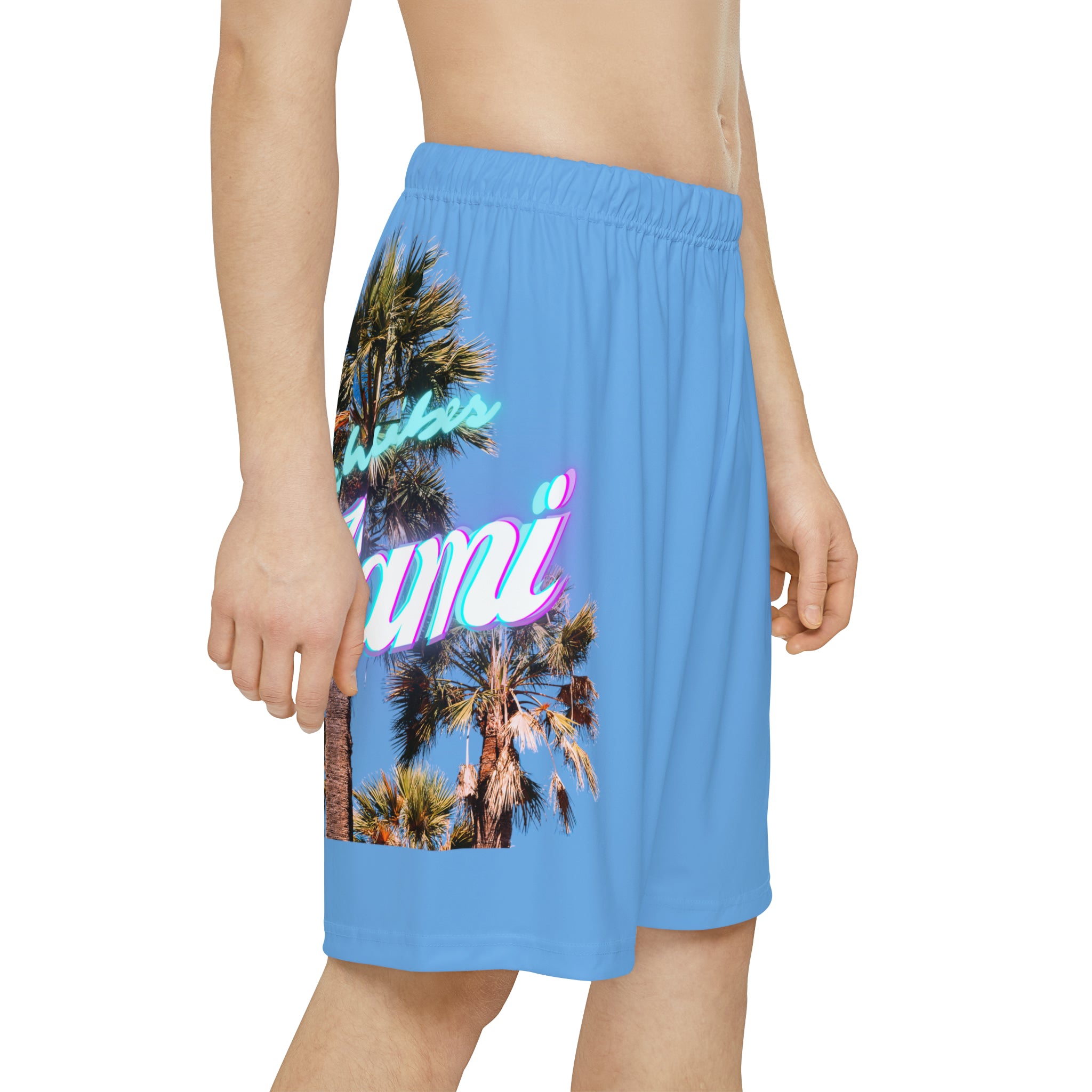 RV Rich Drip Miami Palm Tree Silhouette - Men’s Sports Shorts (AOP) Light Blue