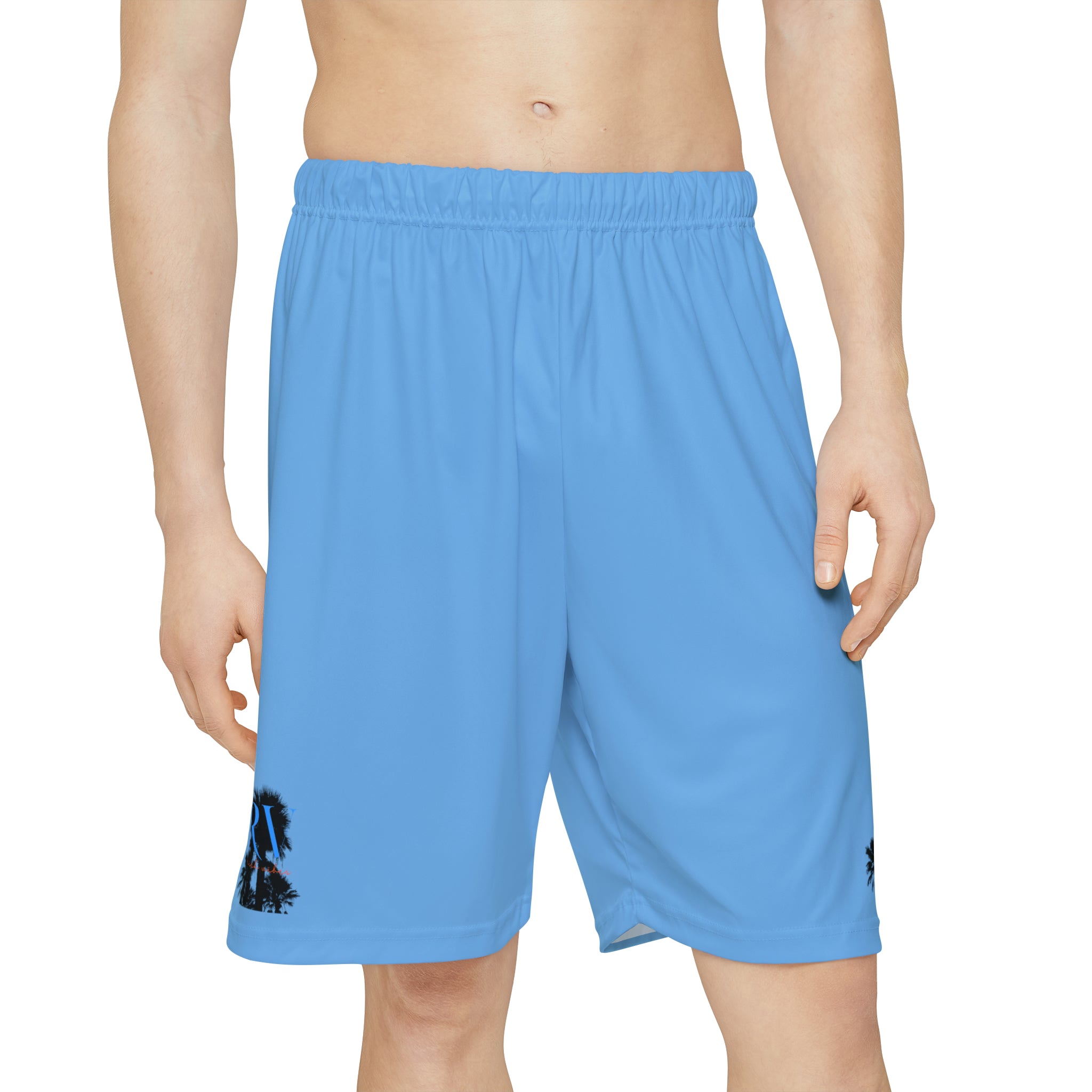 Rich Vibes RV Palm Tree Silhouette Men’s Sports Shorts (AOP) Light Blue