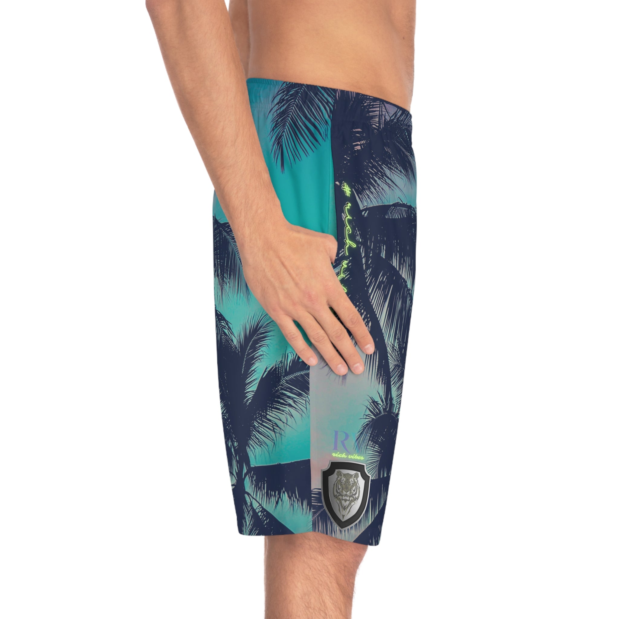 Rich Vibes Volt Teal Blue Tiger Shield Turquoise - Men's Board Shorts (AOP)