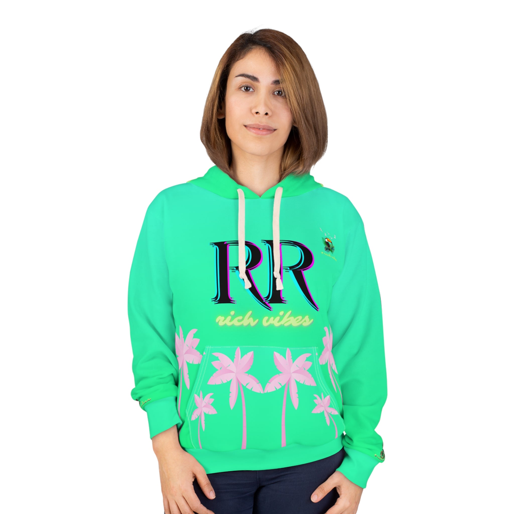 Rich Vibes Volt Green RR Electric Green Tropical Pink Palm Tree Jungle Tiger - Unisex Pullover Hoodie (AOP)