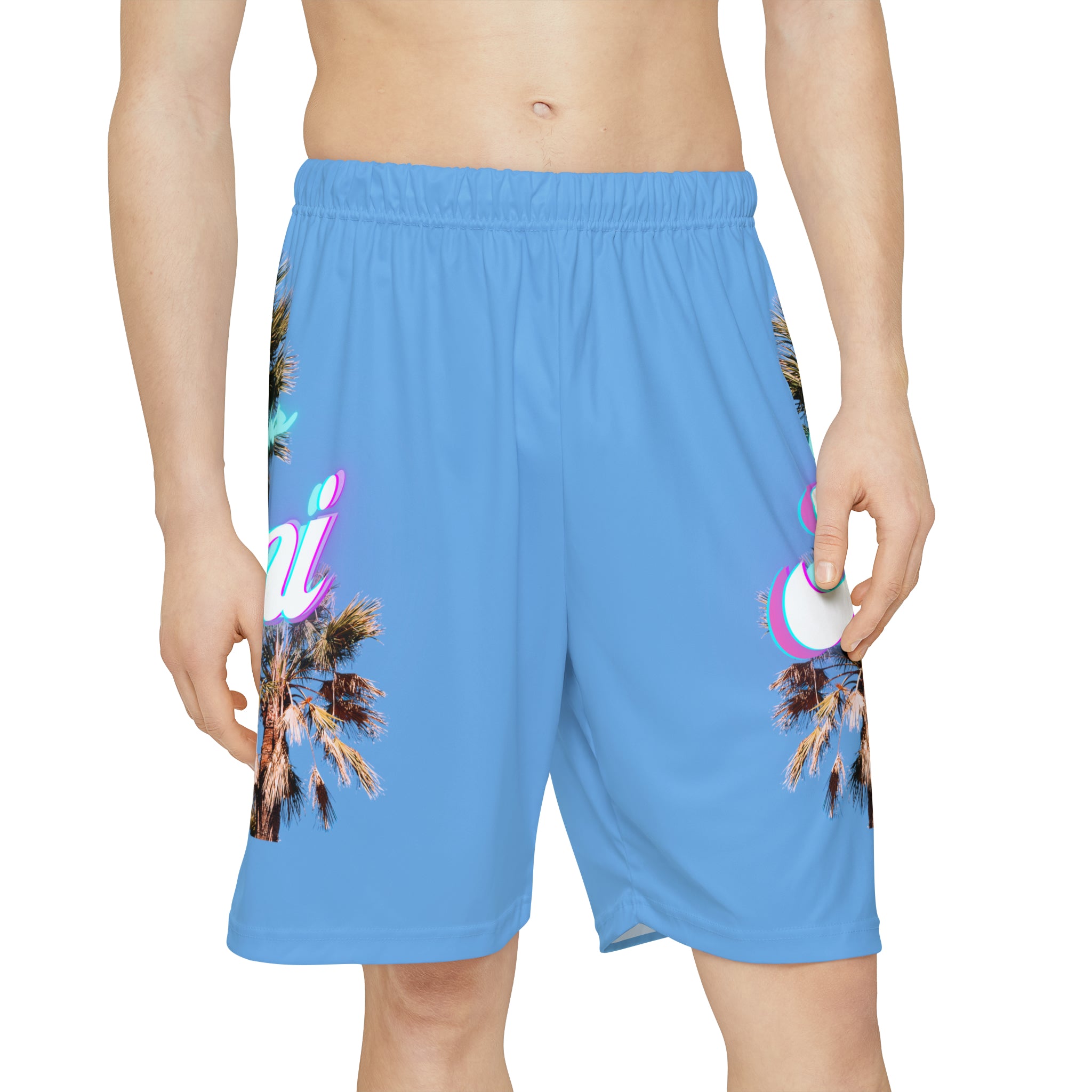 RV Rich Drip Miami Palm Tree Silhouette - Men’s Sports Shorts (AOP) Light Blue