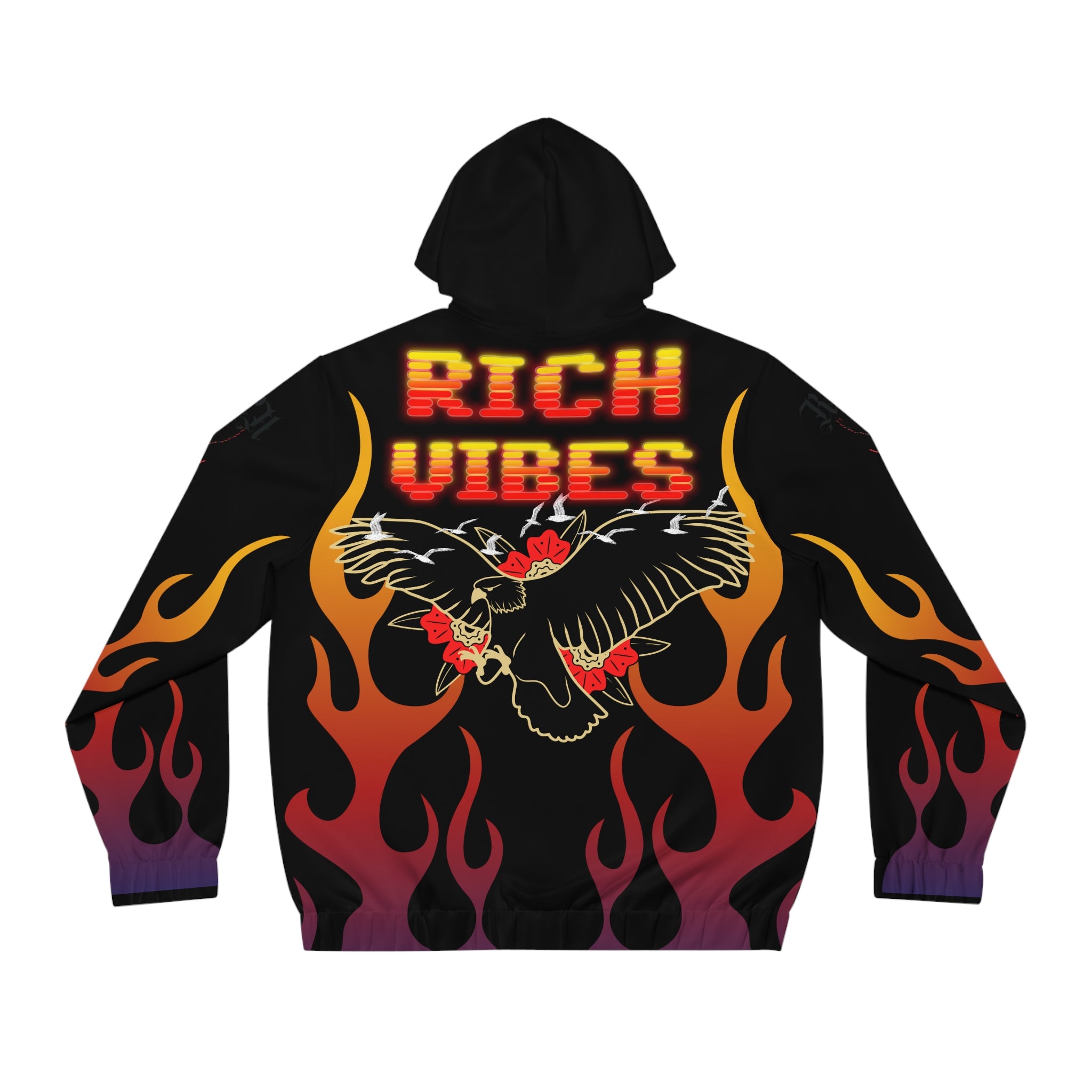 Rich Vibes Authentic Black Bird Flames City Skyline 1.5 - Men's Full-Zip Hoodie (AOP) Black
