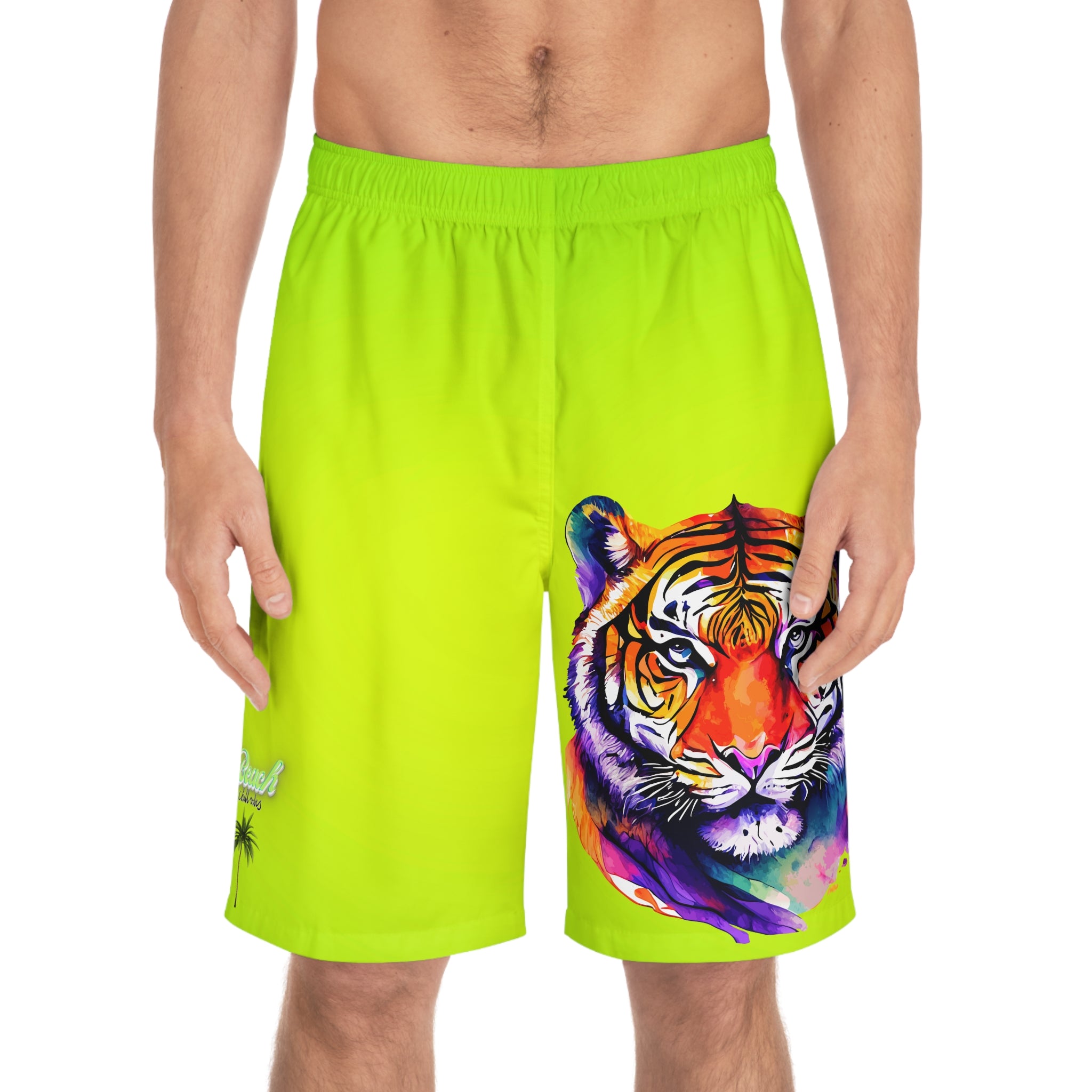 Rich Vibes Lime Green Tropical Pink Palm Tree Beach Chill Vibes 2.0 - Men's Board Shorts (AOP)