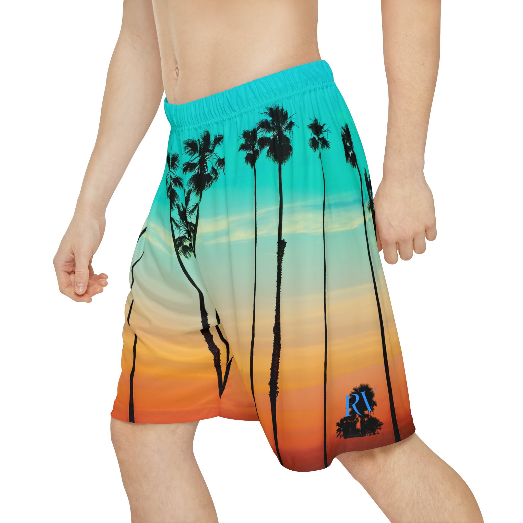 Rich Drip Blue Skies Beach Vibes RV Palm Tree Silhouette - Men’s Sports Shorts (AOP) Leaf Green