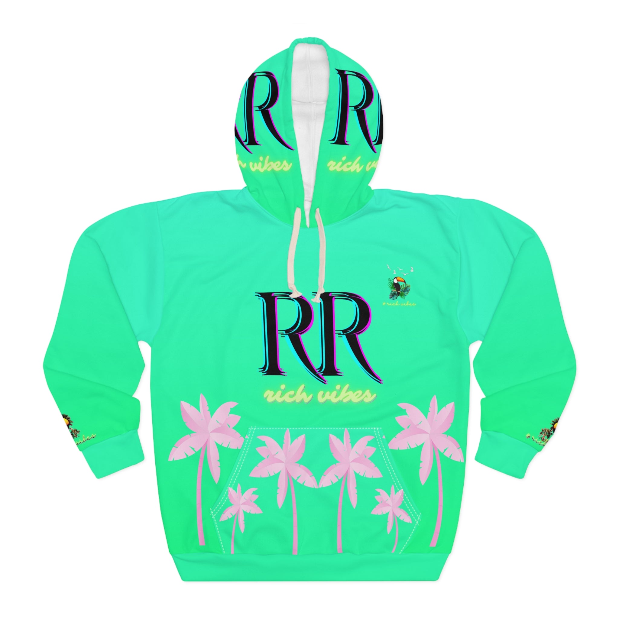 Rich Vibes Volt Green RR Electric Green Tropical Pink Palm Tree Jungle Tiger - Unisex Pullover Hoodie (AOP)