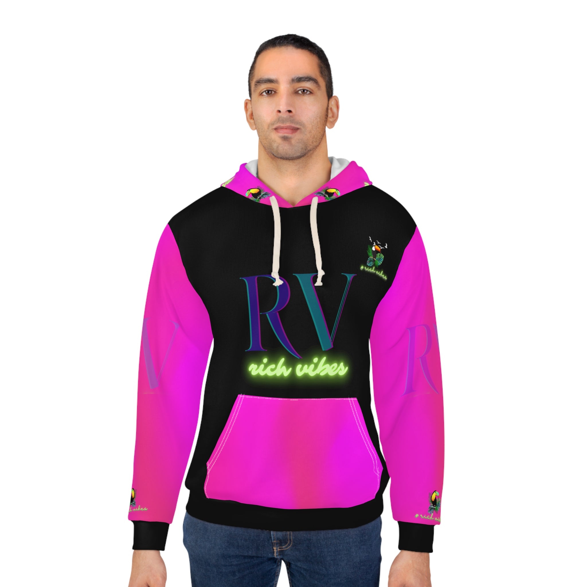 Rich Vibes Black Tropical Pink Volt RR Tropical Jungle Tiger 1.3 - Unisex Pullover Hoodie (AOP)