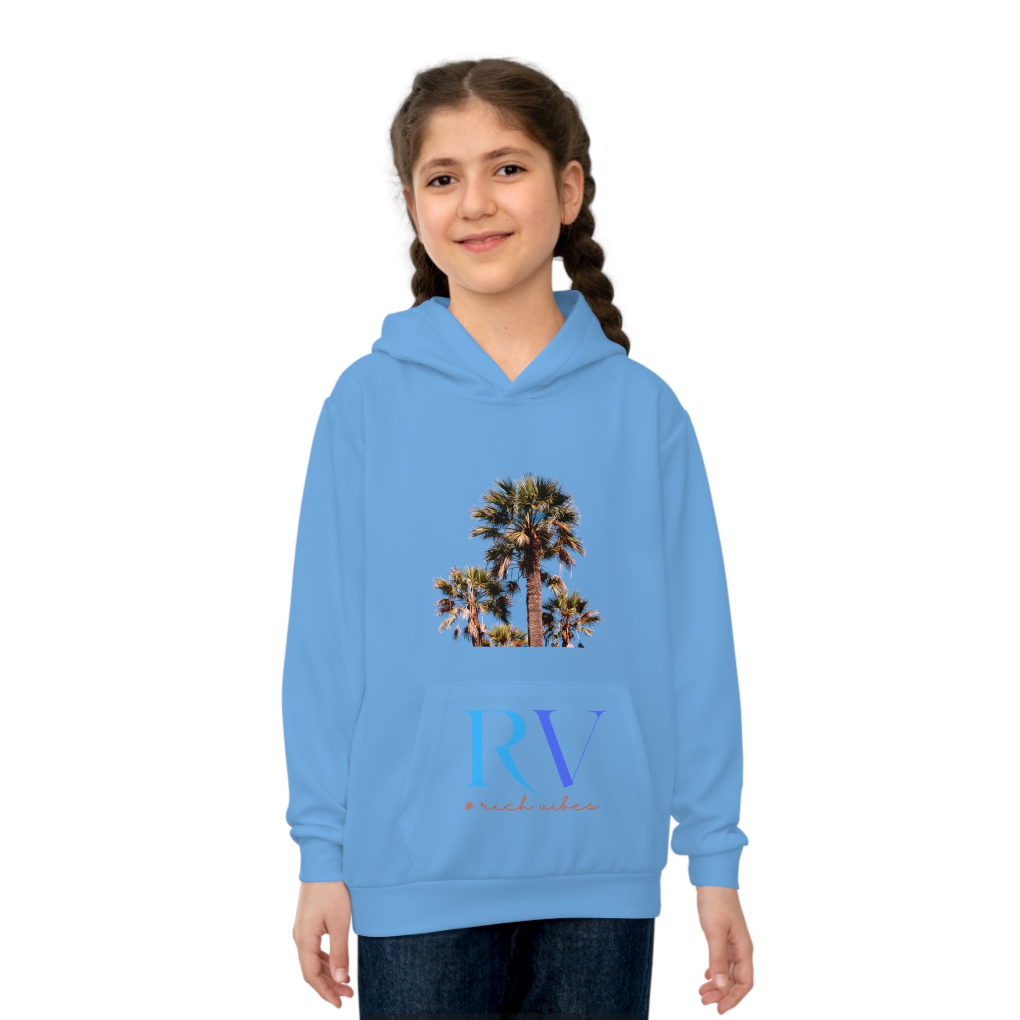 Rich Vibes Follow Your Dreams RV Color Palm Tree Light Blue Black 3 -  Children's Hoodie (AOP)