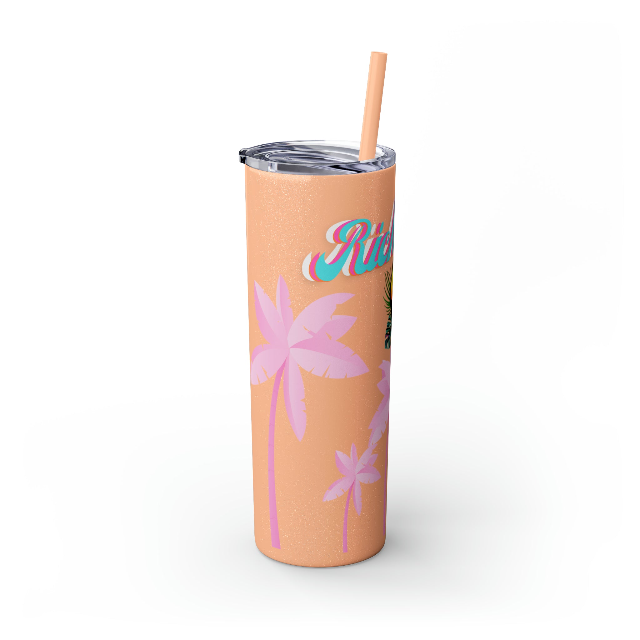 Rich Drip Tropical Pink Palm Tree - Skinny Tumbler with Straw, 20oz