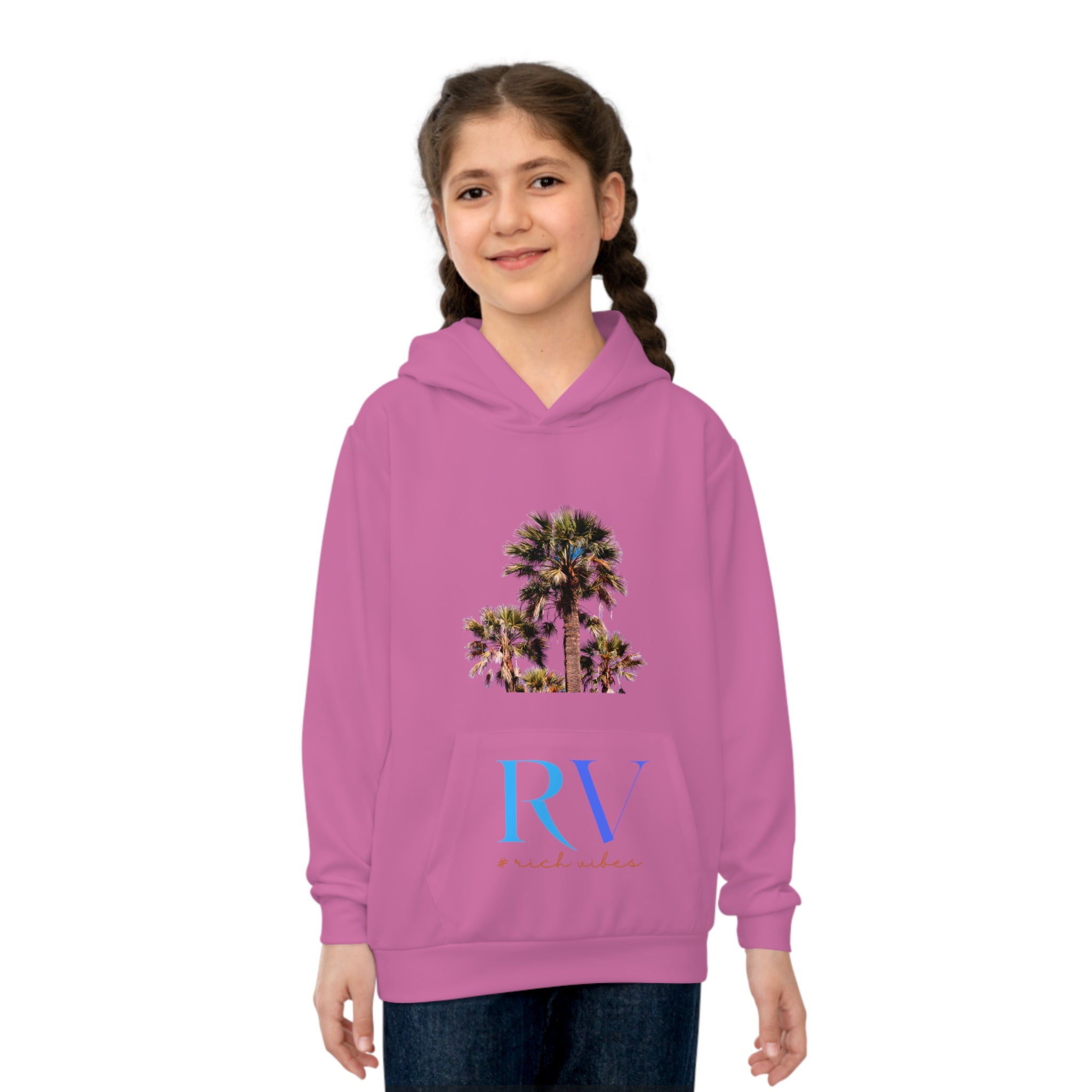 Rich Vibes Follow Your Dreams RV Color Palm Tree Light Pink-  Children's Hoodie (AOP)