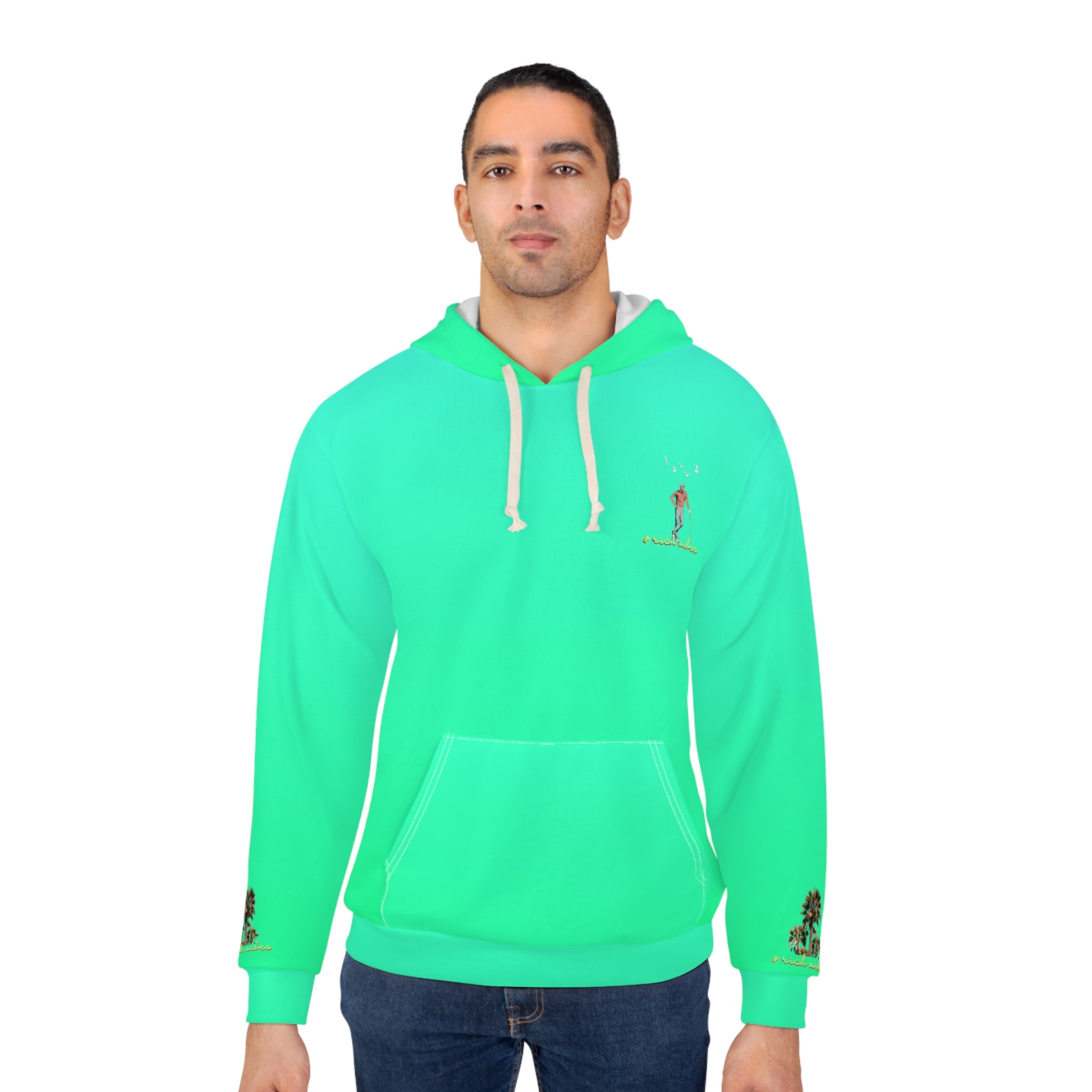 Rich Vibes Neon Green Volt RR Colorful Palm Trees Golf Pro 1.0 - Unisex Pullover Hoodie (AOP)