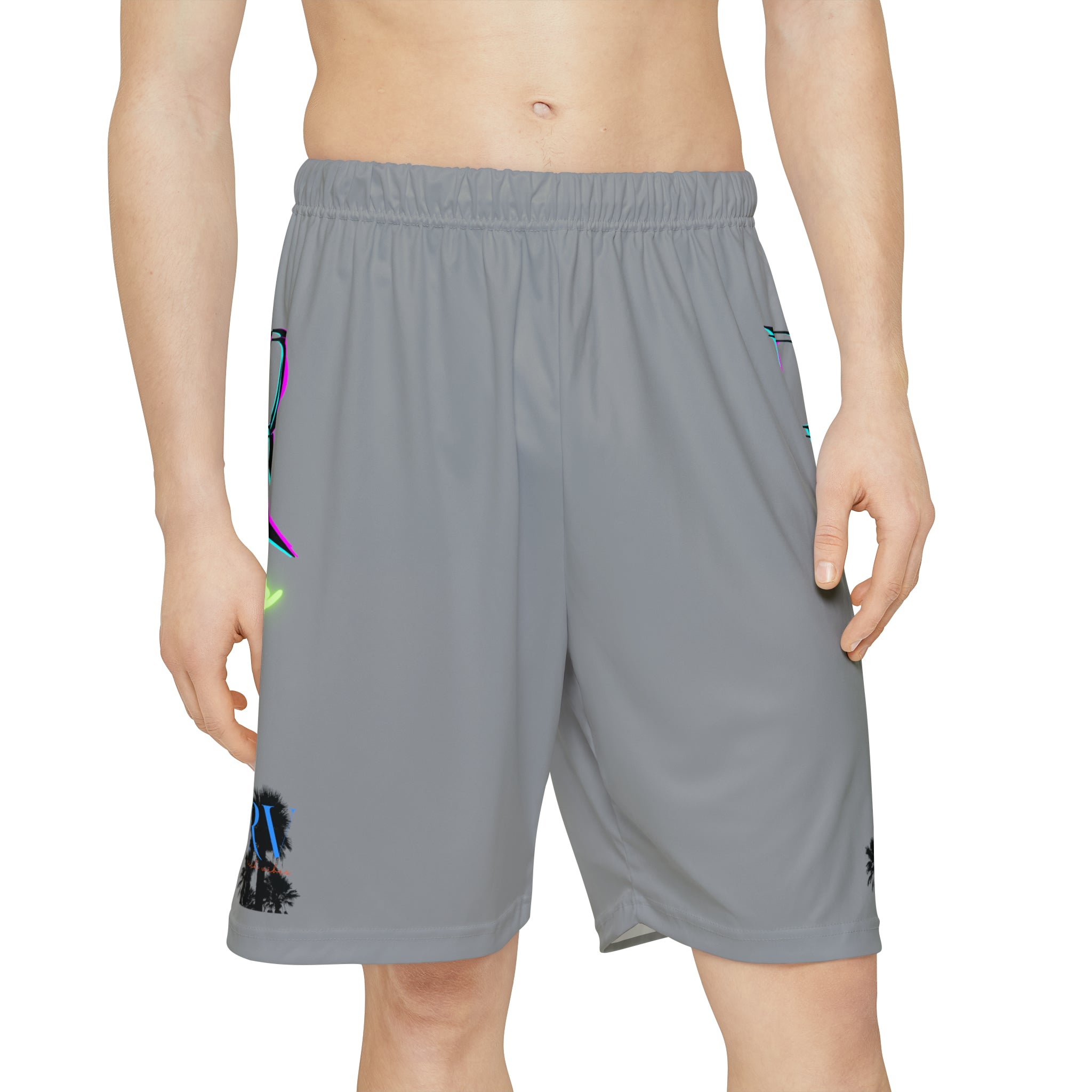 Rich Vibes RR RV Palm Tree Silhouette - Men’s Sports Shorts (AOP) Grey