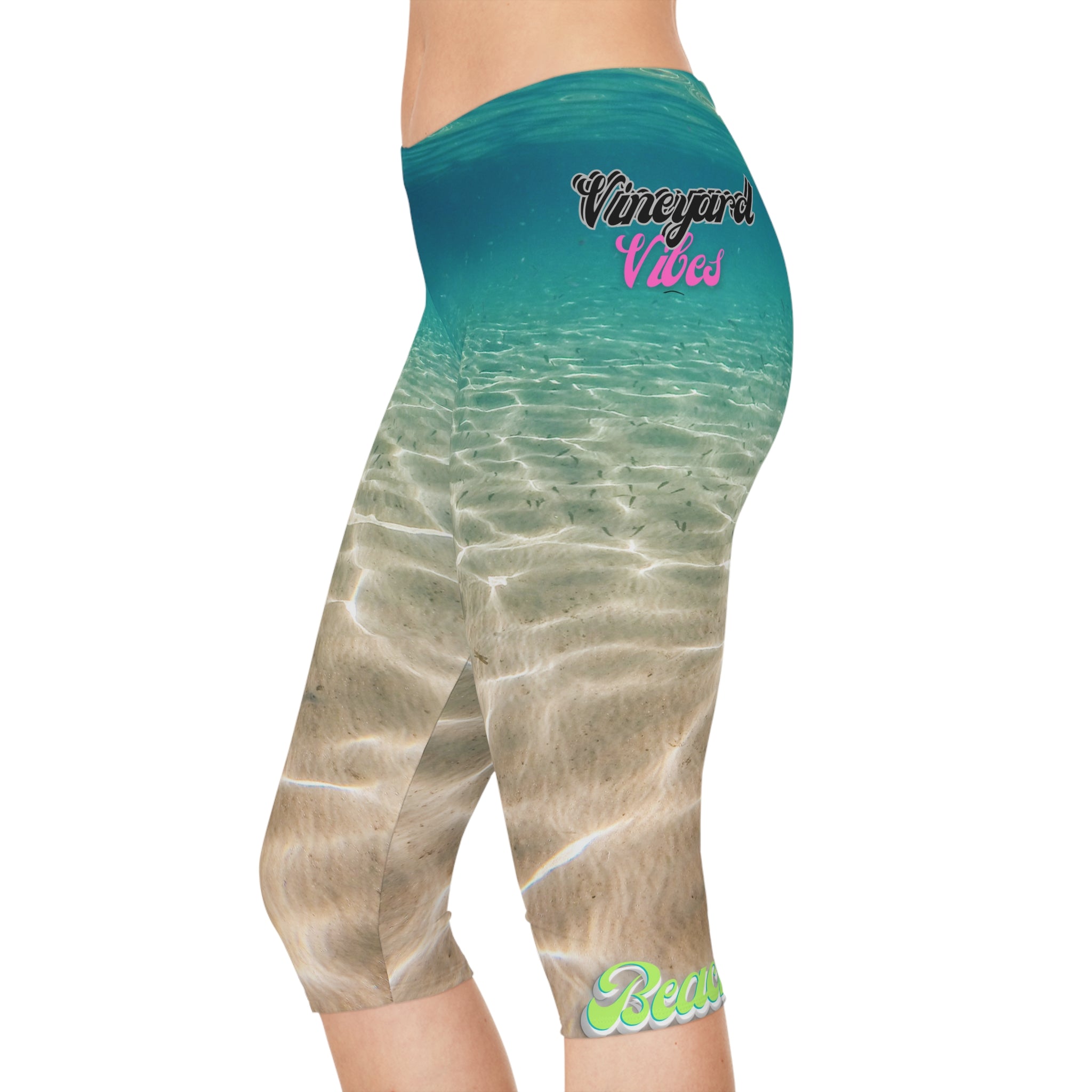 Vineyard VV Aqua Print Beach Vibes 3.0 - Women's Capri Leggings (AOP)
